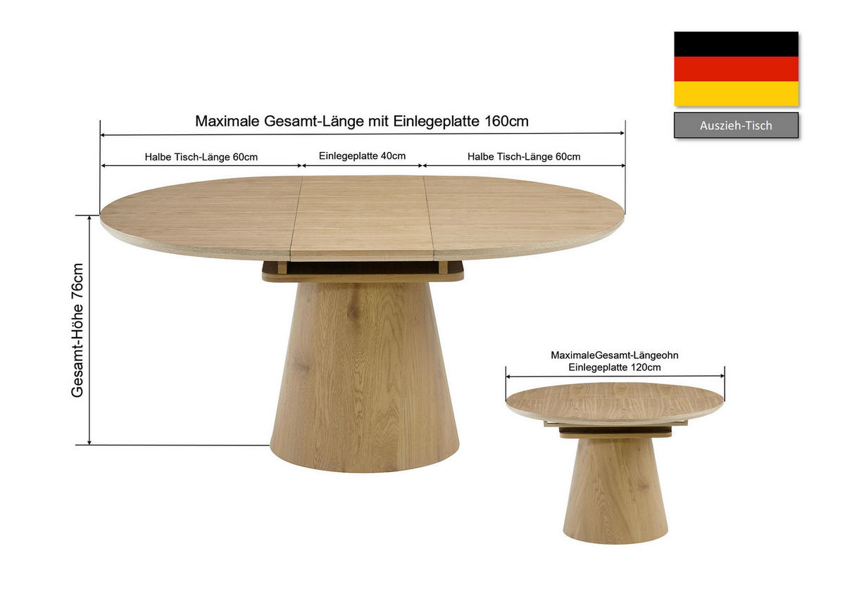 ESSTISCH 120-160/120/76 cm Echtholz, Nachbildung  Holz, Holzwerkstoff ausziehbar oval Eichefarben  - Eichefarben, MODERN, Holz/Holzwerkstoff (120-160/120/76cm) - P & B
