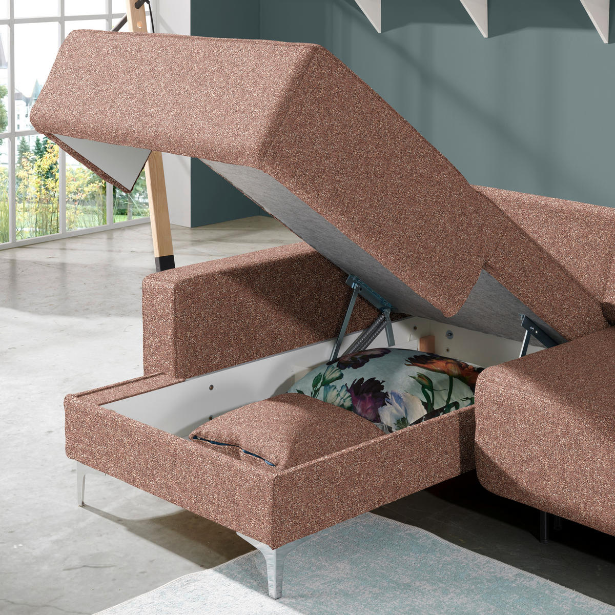 ECKSOFA  in Mikrovelours Terracotta  160/248 cm  - Terracotta/Alufarben, Design, Textil/Metall (160/248cm) - Sedda