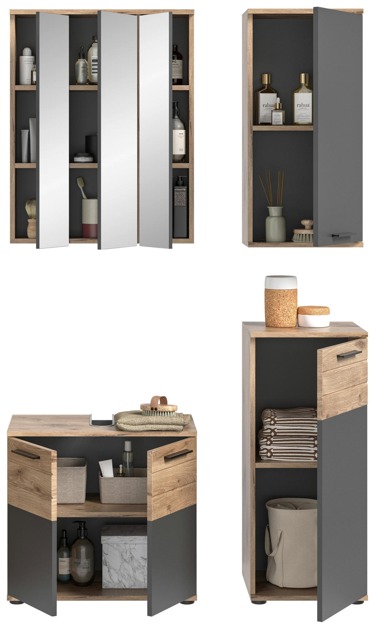 BADEZIMMER 4-teilig  in 97 cm  - Eichefarben/Schwarz, MODERN, Glas/Holzwerkstoff (97cm) - MID.YOU
