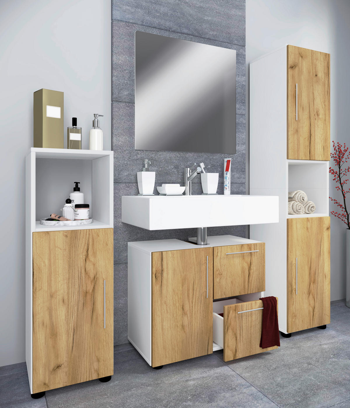 BADEZIMMER  in 123 cm  - Honigeiche/Silberfarben, MODERN, Holzwerkstoff/Kunststoff (123cm) - MID.YOU