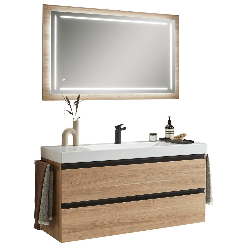 Thumbnail - Novel Badezimmerspiegel, Eiche, Glas, Holzwerkstoff, rechteckig, 120x74x3.9 cm, Goldenes M, Made in Germany, Dgm, Badezi...