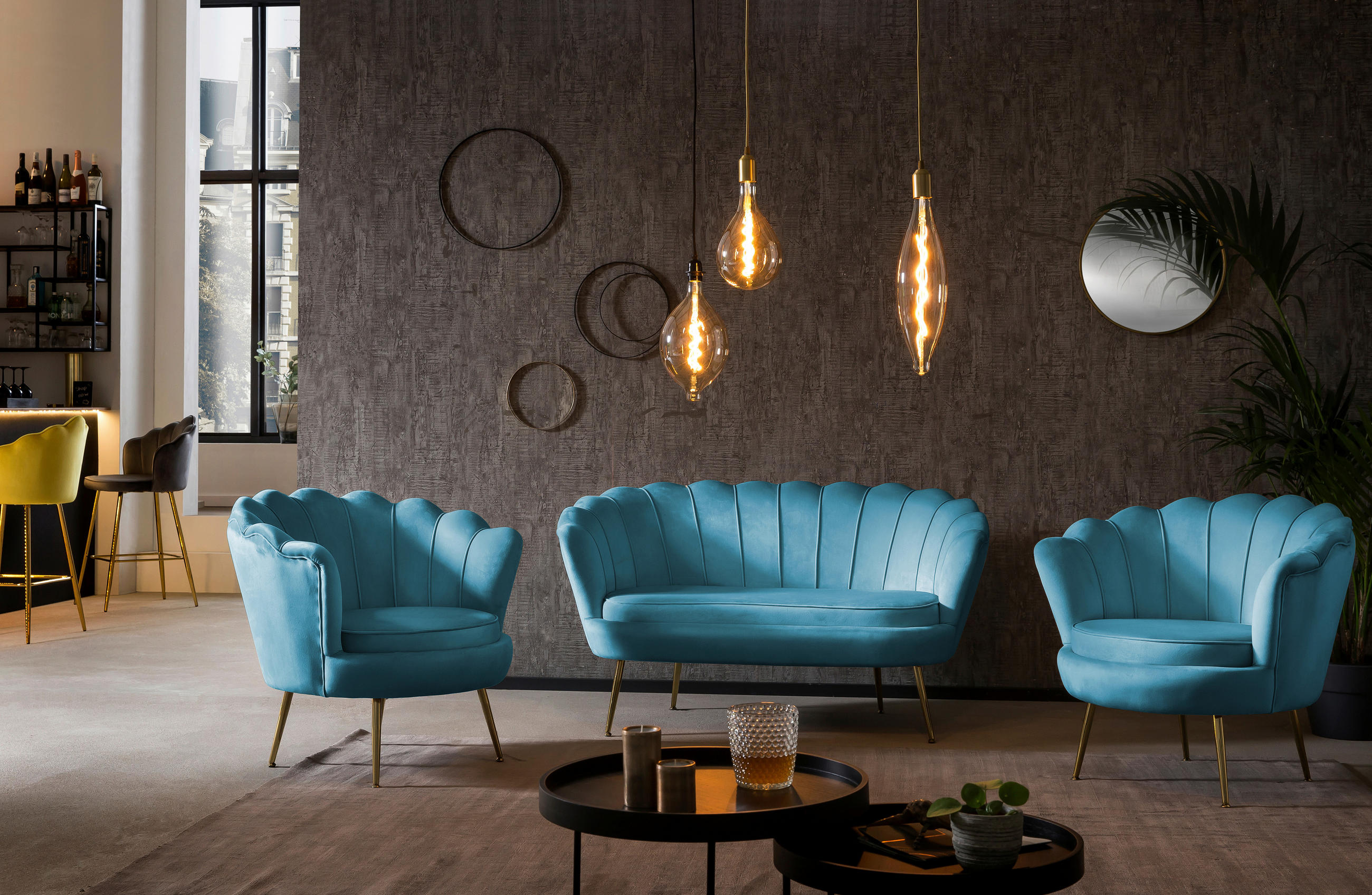 2-SITZER-SOFA in Samt Blau - Blau/Goldfarben, MODERN, Textil/Metall (136/78/77cm) - Livetastic