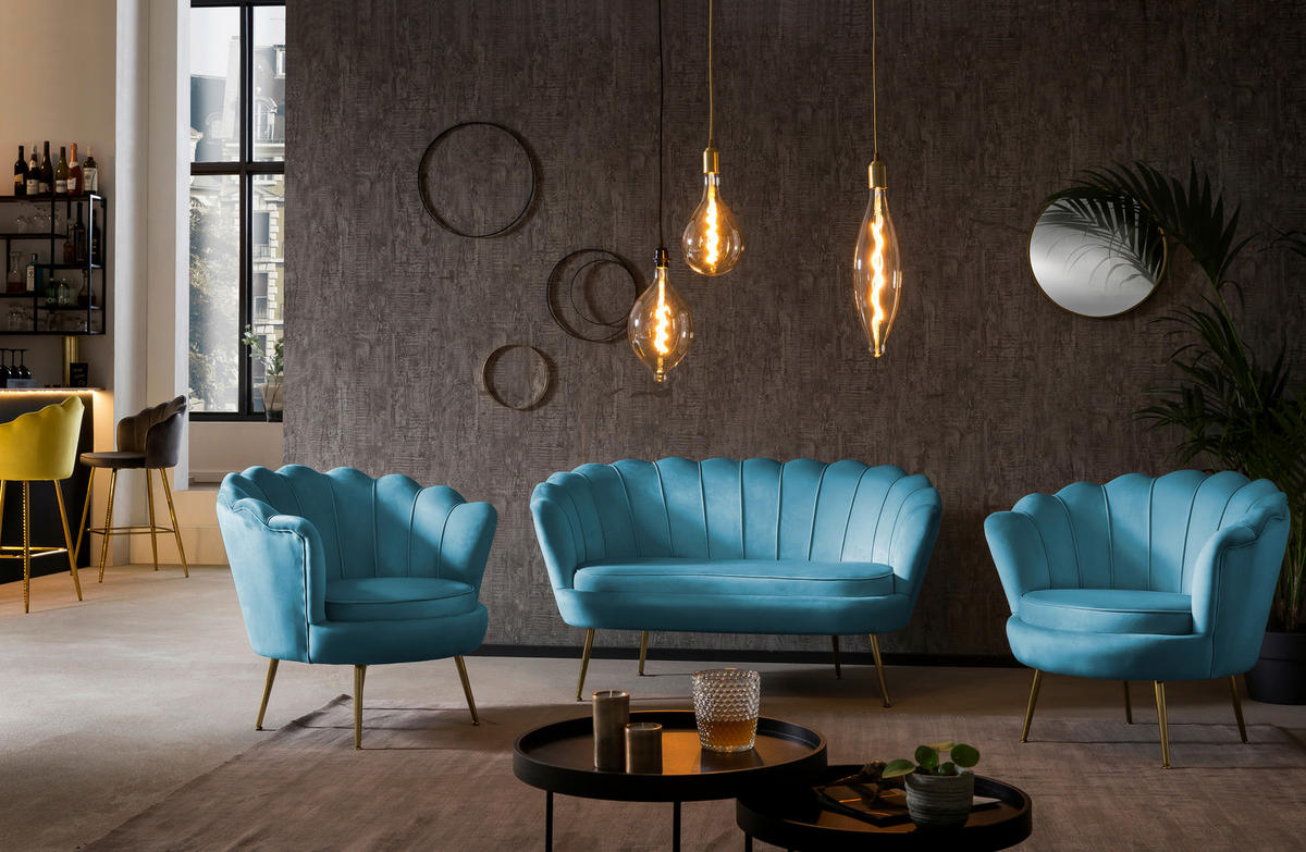 2-SITZER-SOFA in Samt Blau  - Blau/Goldfarben, MODERN, Textil/Metall (136/78/77cm) - Livetastic