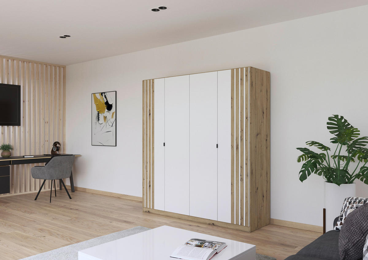 DREHTÜRENSCHRANK 181/197/54 cm,  in Weiß, Eiche Artisan,  - Weiß/Eiche Artisan, MODERN, Holzwerkstoff/Metall (181/197/54cm) - Rauch Möbel