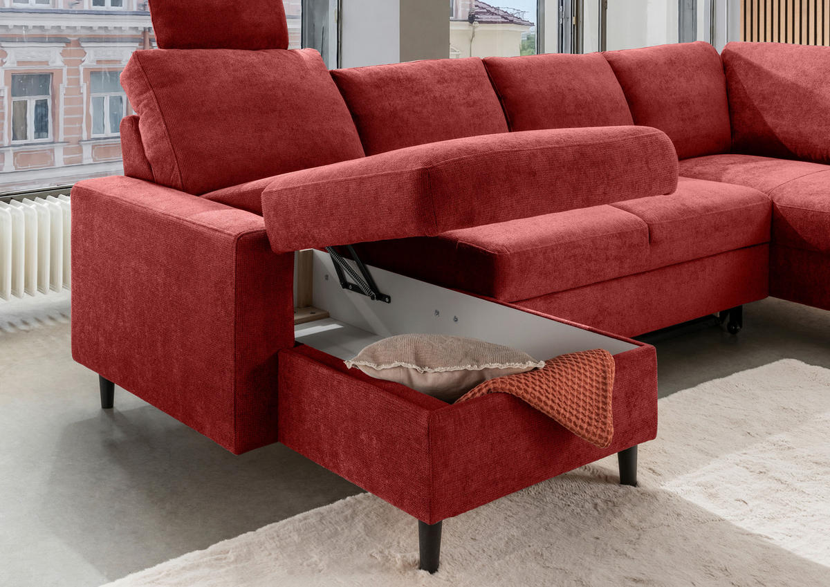 WOHNLANDSCHAFT in Chenille Rot  - Rot/Schwarz, Modern, Holz/Textil (153/305/200cm) - Livetastic