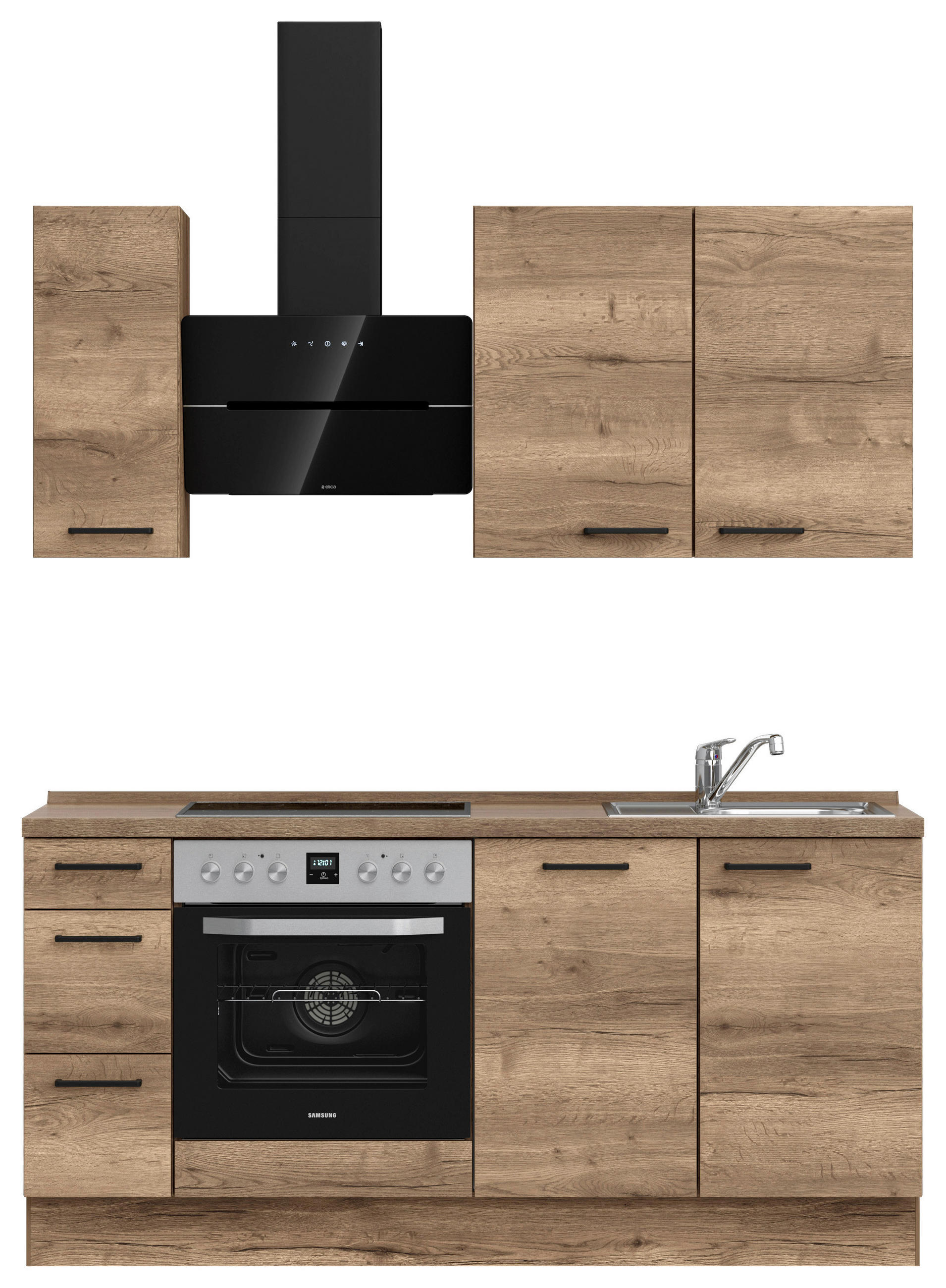 BUCĂTĂRIE FĂRĂ ELECTROCASNICE  - stejar închis la culoare/negru, Modern, metal/material pe bază de lemn (180cm) - Nobilia