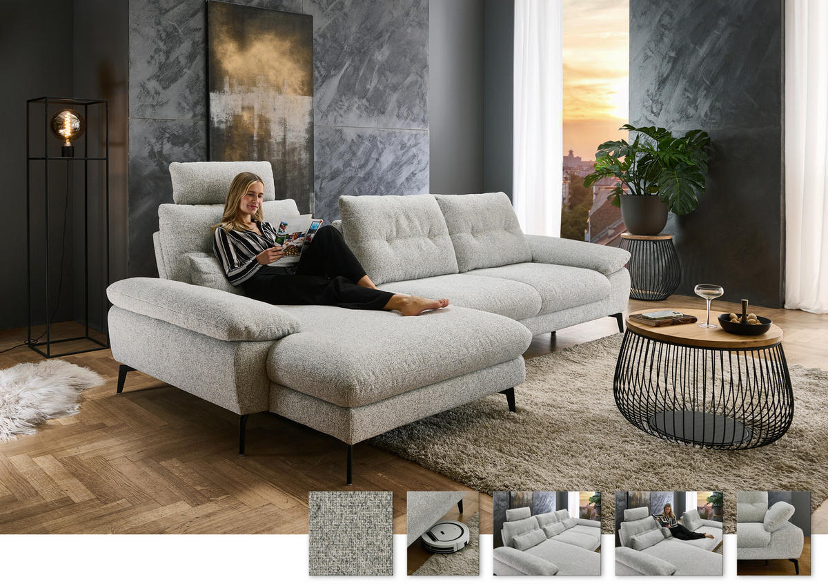 ECKSOFA Hellgrau Flachgewebe  - Hellgrau/Schwarz, Design, Textil/Metall (168/303cm) - Valdera