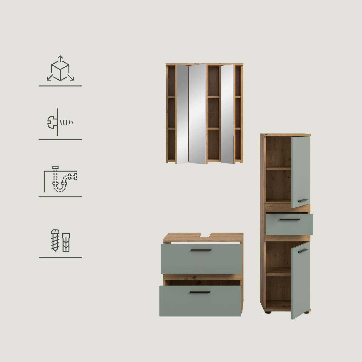 BADEZIMMER 3-teilig  in 110 cm  - Salbeigrün/Schwarz, Trend, Glas/Holzwerkstoff (110cm) - MID.YOU