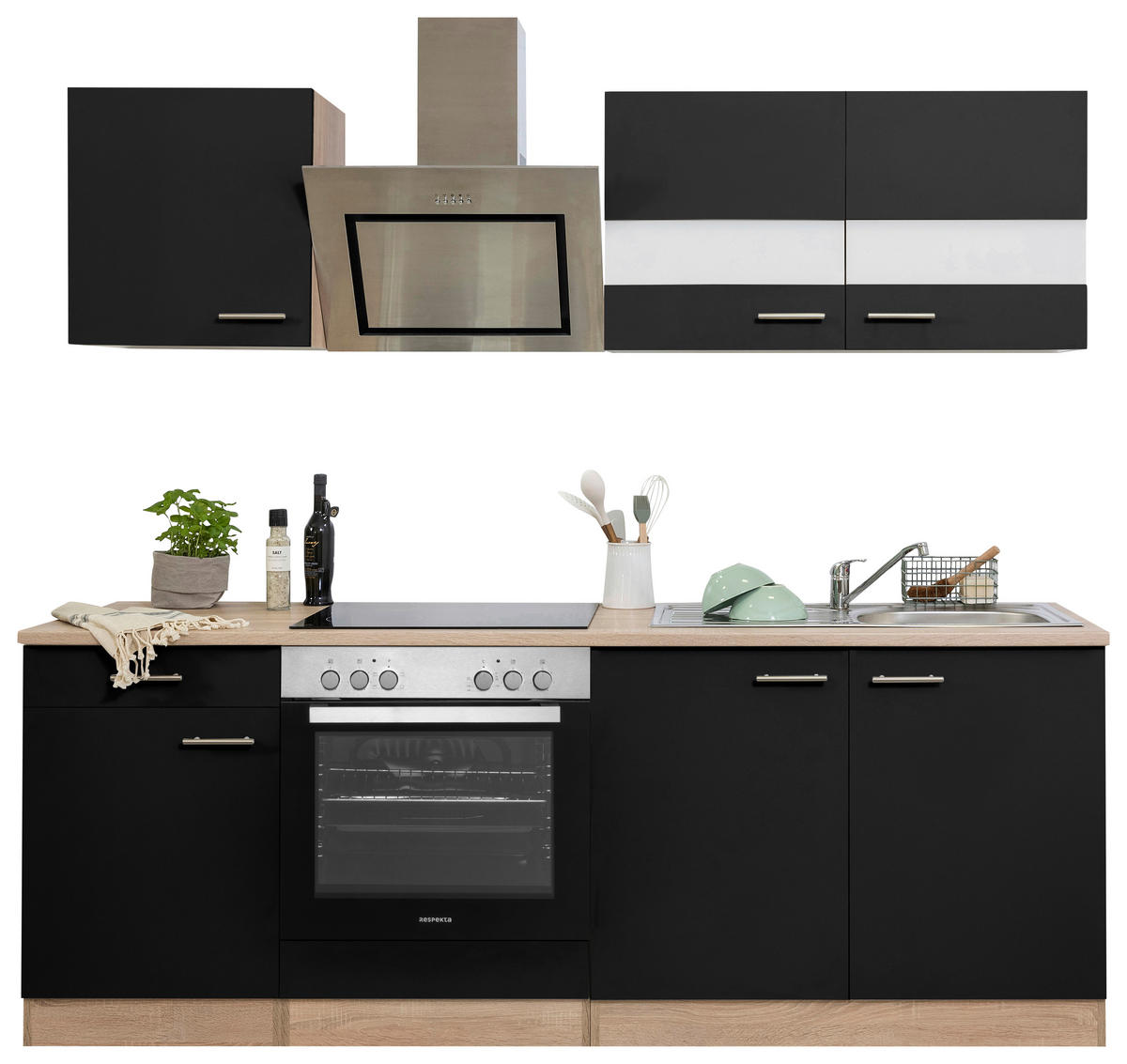 KÜCHENBLOCK 210 cm   in Schwarz  - Edelstahlfarben/Eichefarben, Basics, Holzwerkstoff/Metall (210cm) - Respekta