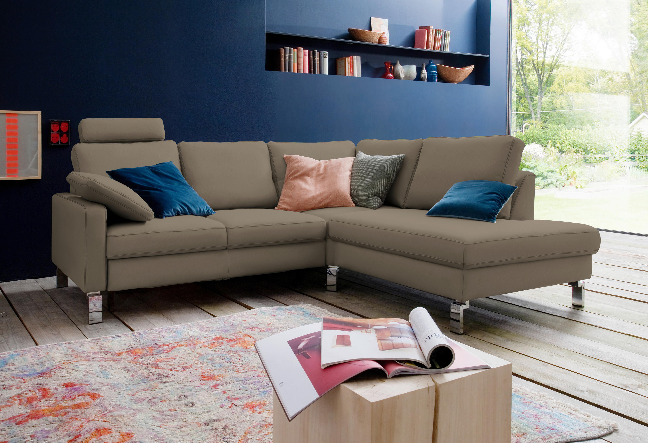 ECKSOFA in Echtleder Taupe  - Taupe/Chromfarben, Design, Leder/Metall (281/200cm) - Pure Home Lifestyle