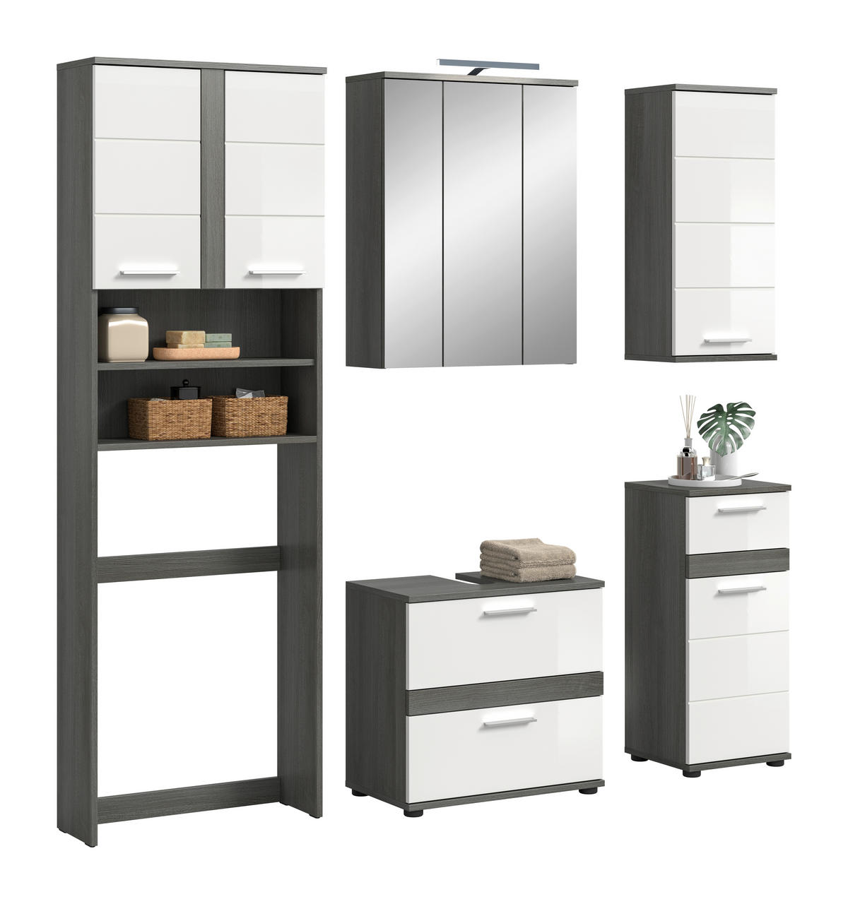 BADEZIMMER 6-teilig  in 188 cm  - Weiß Hochglanz/Silberfarben, Trend, Glas/Holzwerkstoff (188cm) - MID.YOU