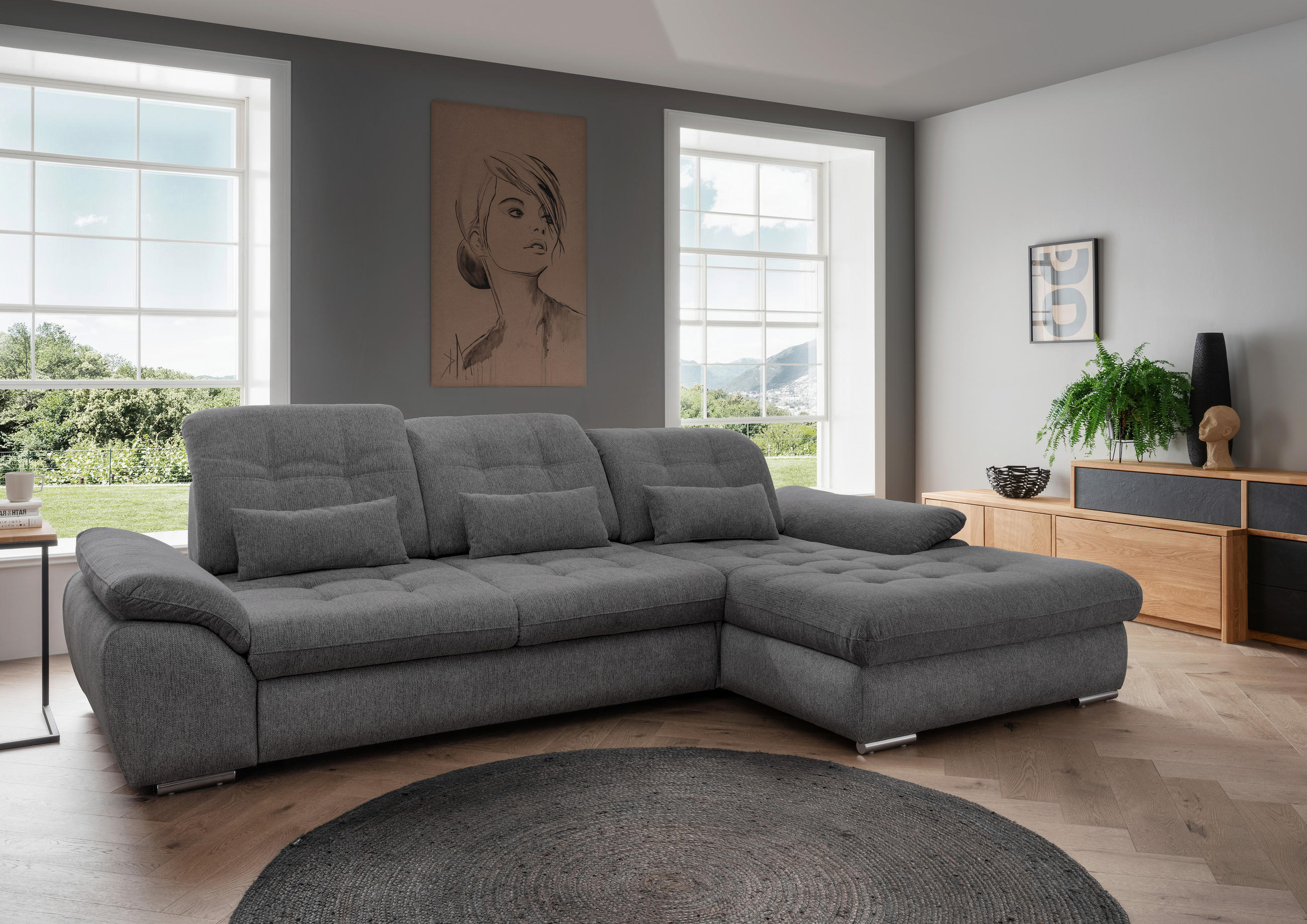 ECKSOFA in Chenille Anthrazit  - Chromfarben/Anthrazit, Modern, Textil/Metall (314/184cm) - Livetastic