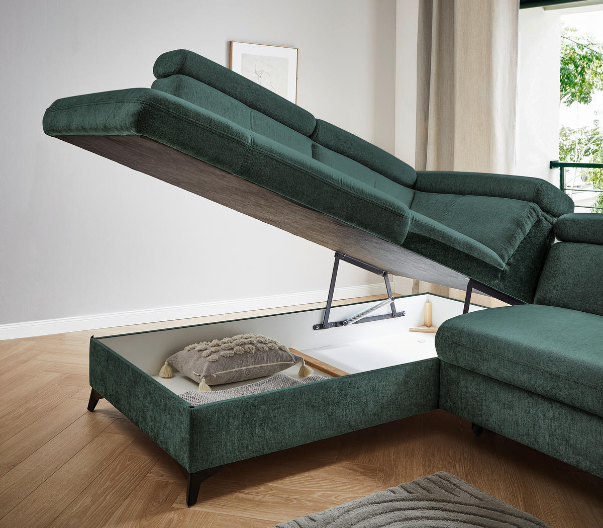 Ecksofa inkl. Funktionen in Chenille Petrol, Dunkelgrün  - Dunkelgrün/Petrol, Design, Textil/Metall (203/260cm) - Stylife