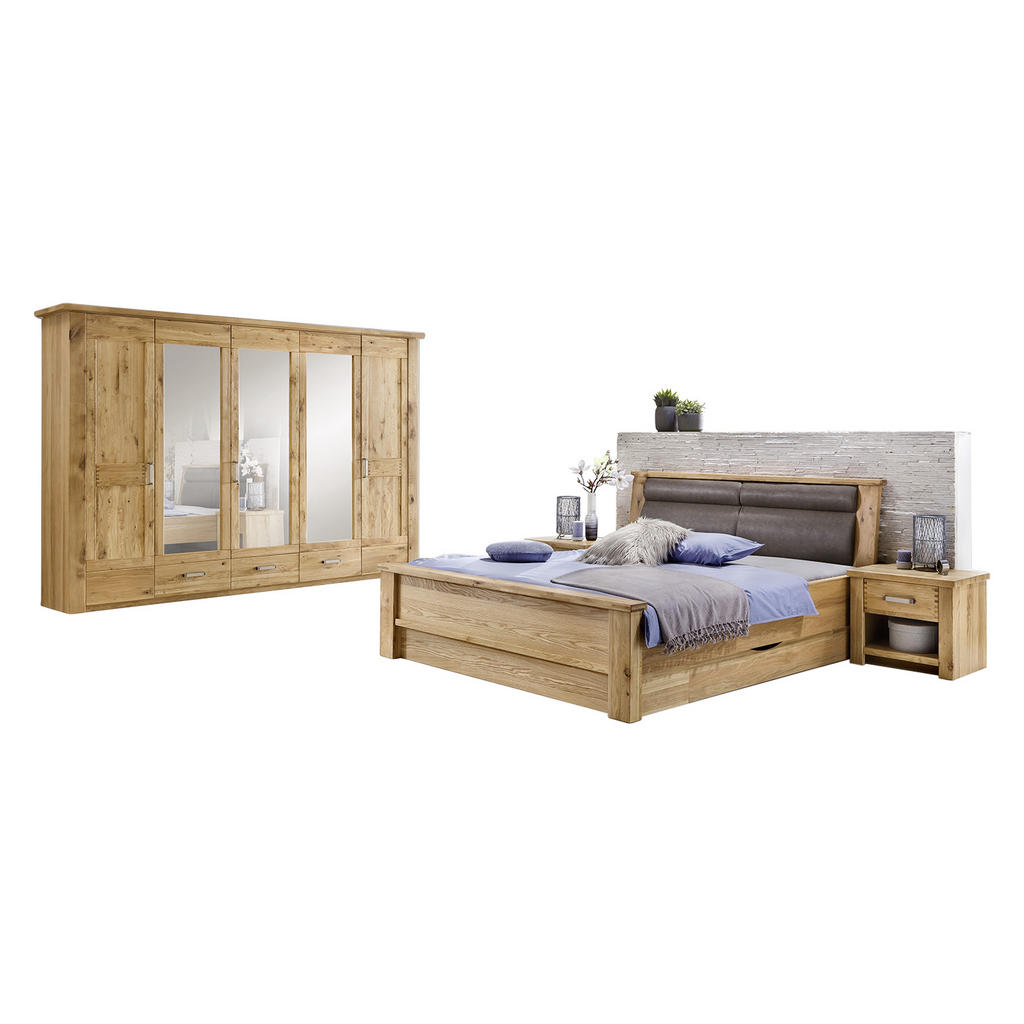 Thumbnail - Landscape Schlafzimmer, Braun, Eiche, Holz, Glas, Textil, Eiche, furniert, massiv, 6 Fächer, 180x200 cm, gepolstertes Ko...