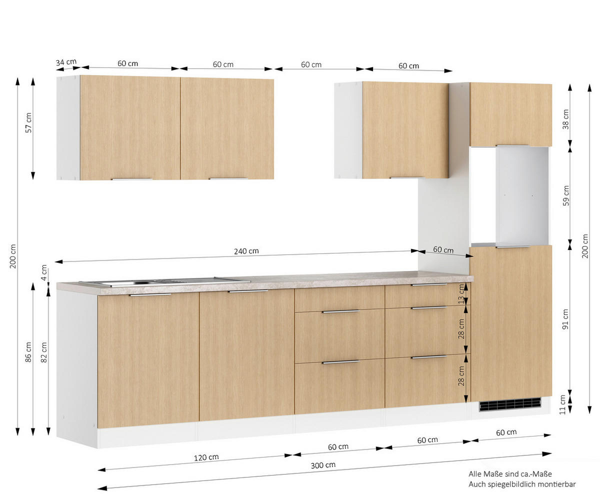 KÜCHENLEERBLOCK 300 cm   in Weiß, Eichefarben  - Eichefarben/Creme, LIFESTYLE, Holzwerkstoff/Metall (300cm) - Held
