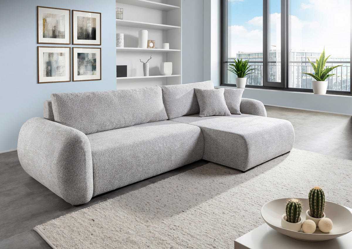 ECKSOFA Grau Flachgewebe Zierkissen, Rückenkissen, Bettkasten, Schlaffunktion, Rücken echt, Liegefläche im Originalstoff  - Schwarz/Grau, KONVENTIONELL, Kunststoff/Textil (145/285cm) - Carryhome