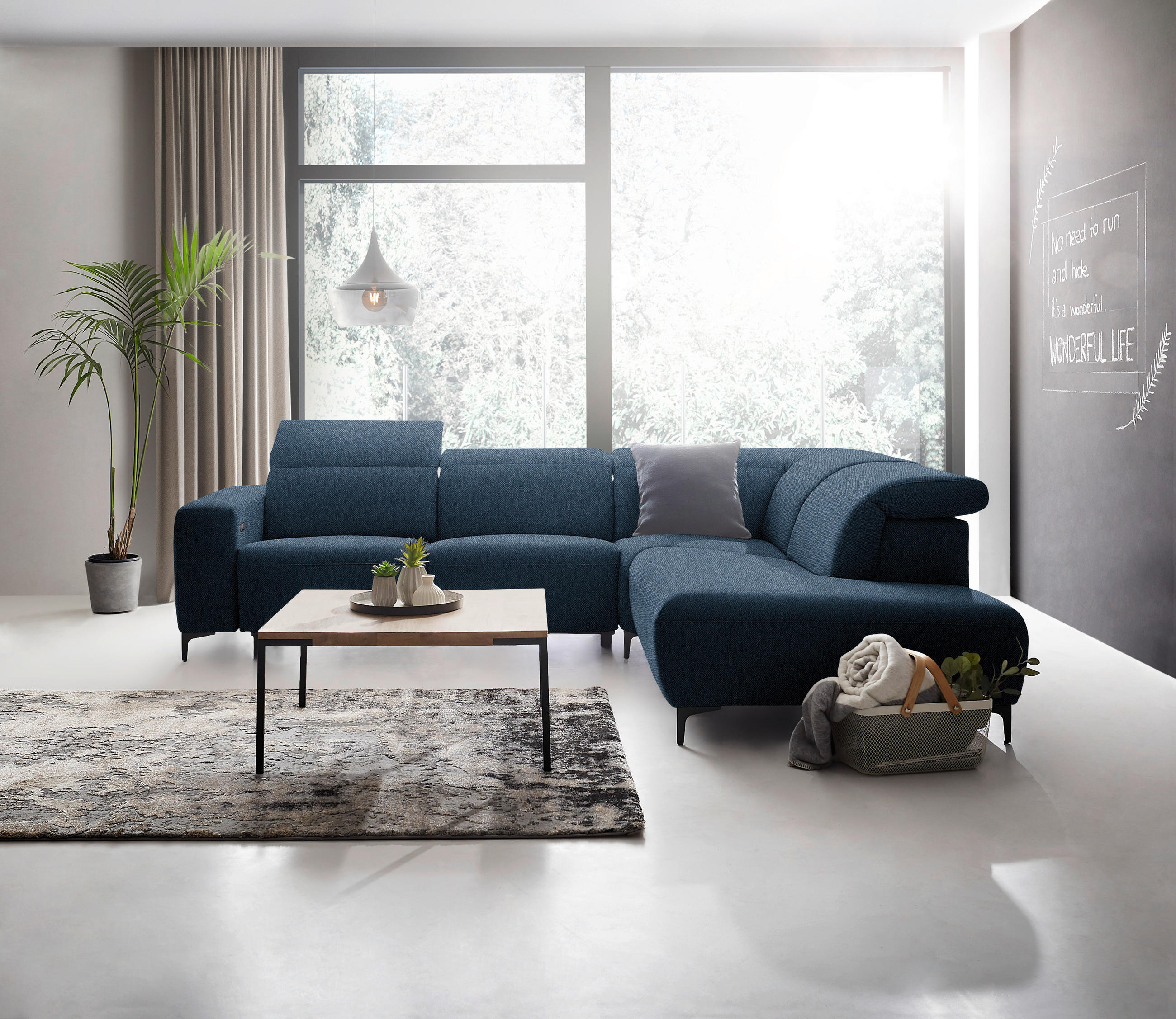 ECKSOFA Dunkelblau Flachgewebe  - Schwarz/Dunkelblau, Design, Textil/Metall (290/238cm) - Pure Home Lifestyle
