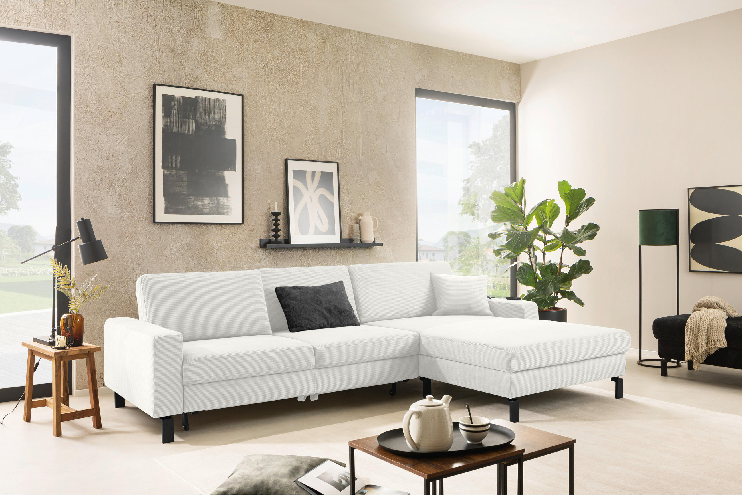 ECKSOFA in Cord Weiss  - Weiss/Schwarz, Design, Textil/Metall (298/185cm) - Pure Home Lifestyle