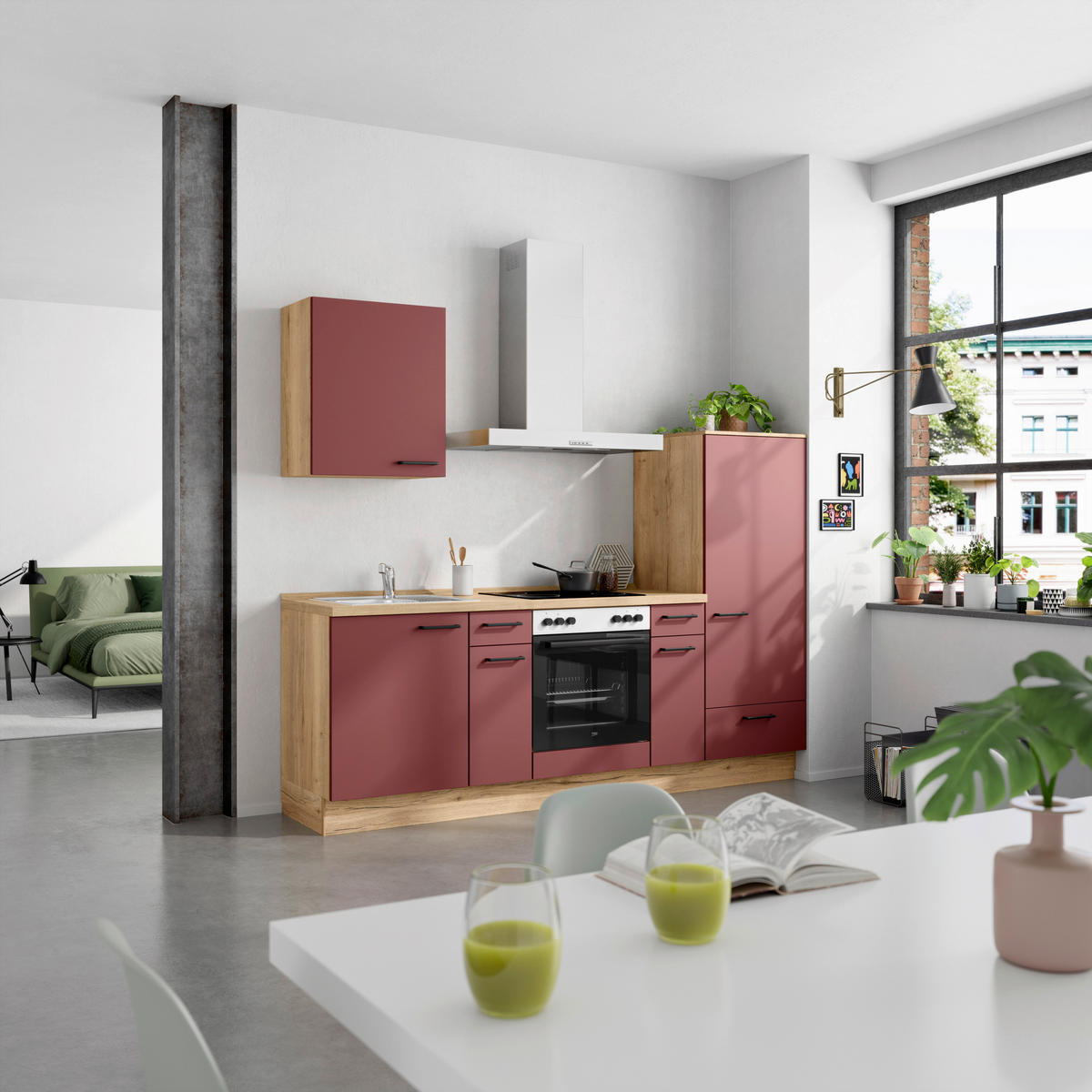 KÜCHENLEERBLOCK 240 cm   in Rot, Eichefarben  - Eichefarben/Rot, MODERN, Holzwerkstoff/Metall (240cm) - Nobilia