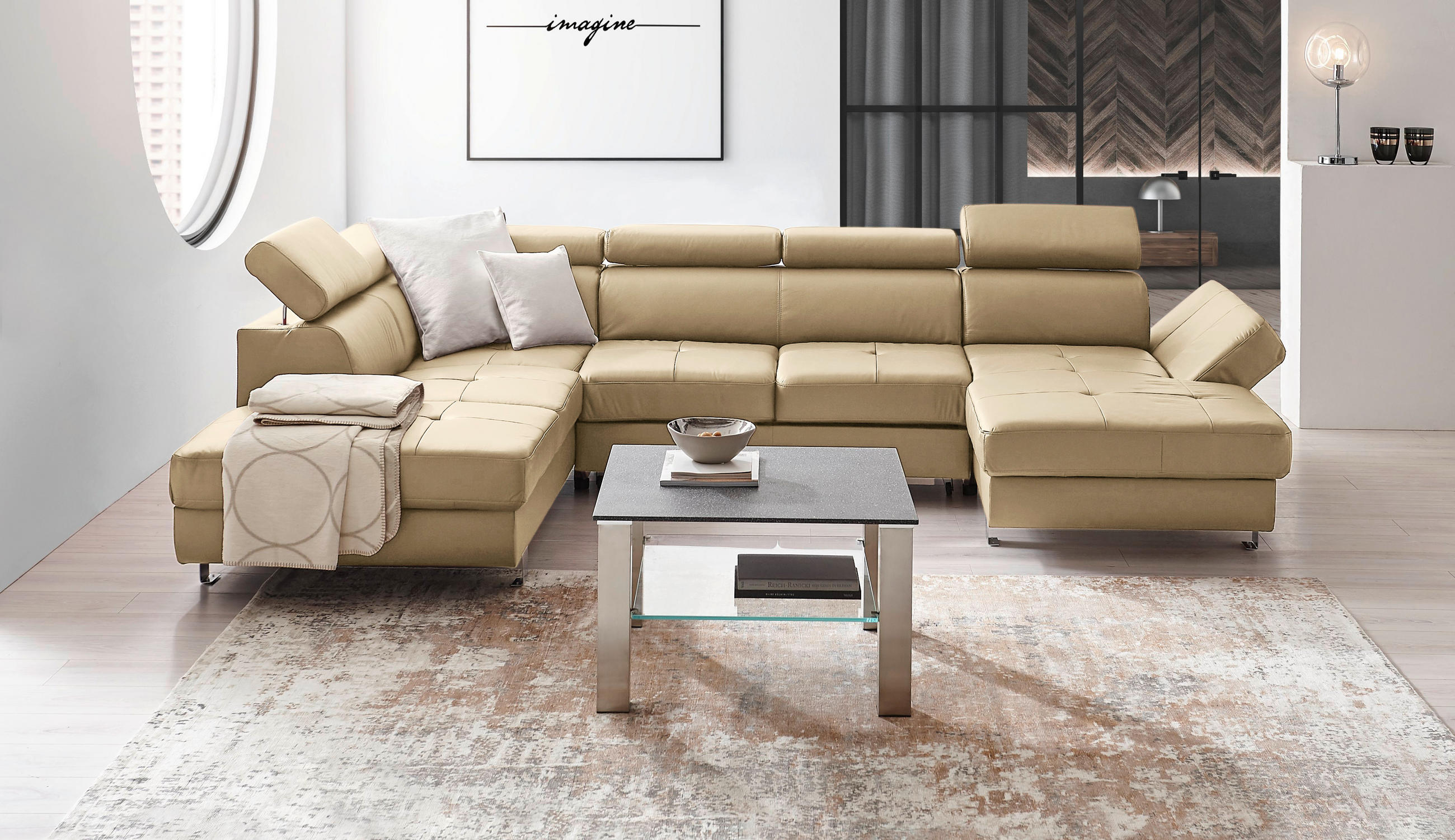 WOHNLANDSCHAFT Ecru Kombination Echtleder/Lederlook Lederlook  - Chromfarben/Ecru, Design, Leder/Textil (212/334/157cm) - Stylife
