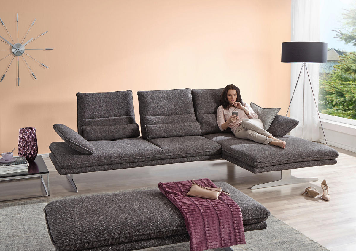 ECKSOFA Webstoff Anthrazit  - Chromfarben/Anthrazit, Design, Textil/Metall (291/164cm) - Chilliano