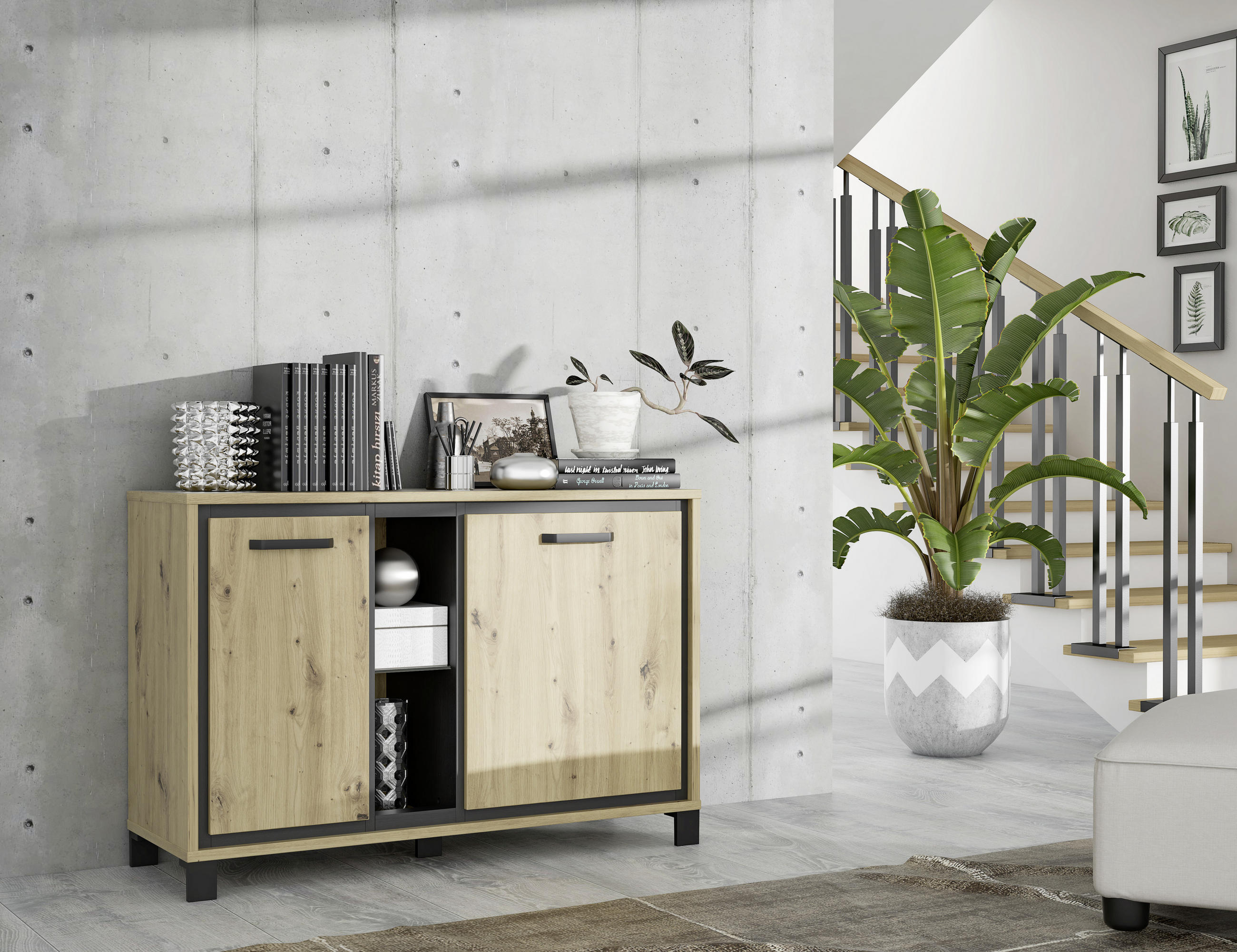 KOMMODE  in 120,4/81,3/41,5 cm  - Eichefarben/Schwarz, Basics, Glas/Holzwerkstoff (120,4/81,3/41,5cm) - Livetastic