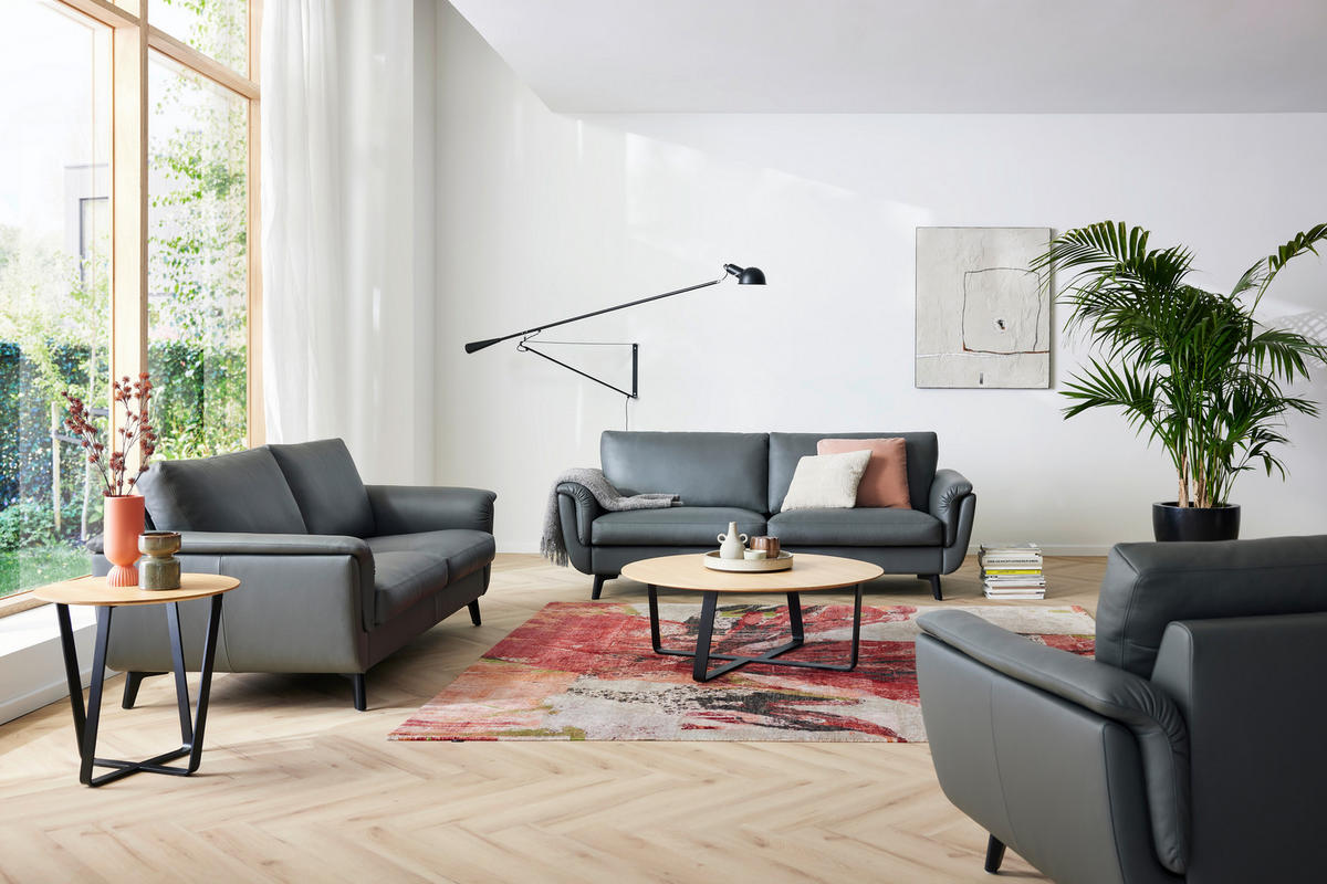 2,5-SITZER Classics Graphitfarben Echtleder  - Schwarz/Graphitfarben, MODERN, Leder/Holz (190/81/95cm) - Erpo