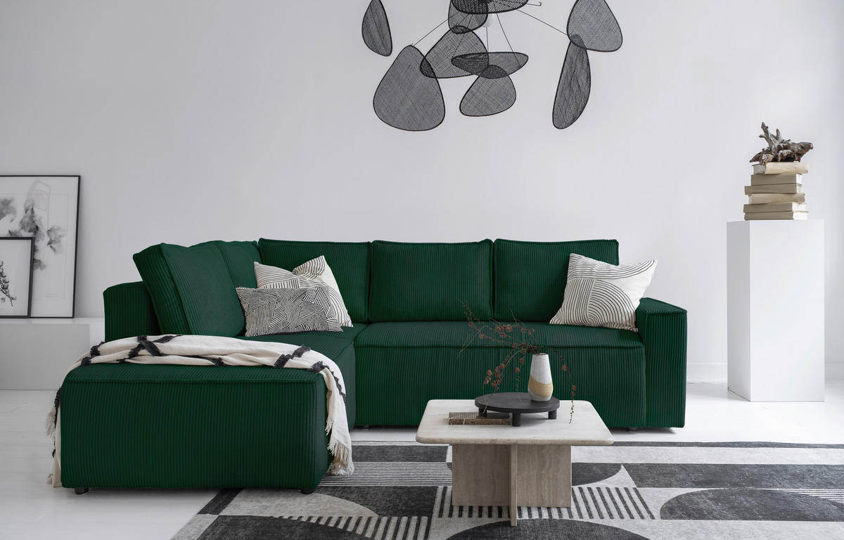 ECKSOFA in Cord Dunkelgrün  - Dunkelgrün/Schwarz, Design, Kunststoff/Textil (194/247cm) - MID.YOU