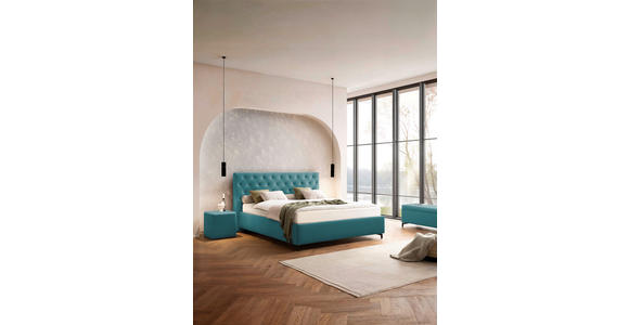 POLSTERBETT gepolstertes Kopfteil, Lattenroste 180/200 cm in Hellblau - Birkefarben/Schwarz, KONVENTIONELL, Holz/Textil (180/200cm) - Novel