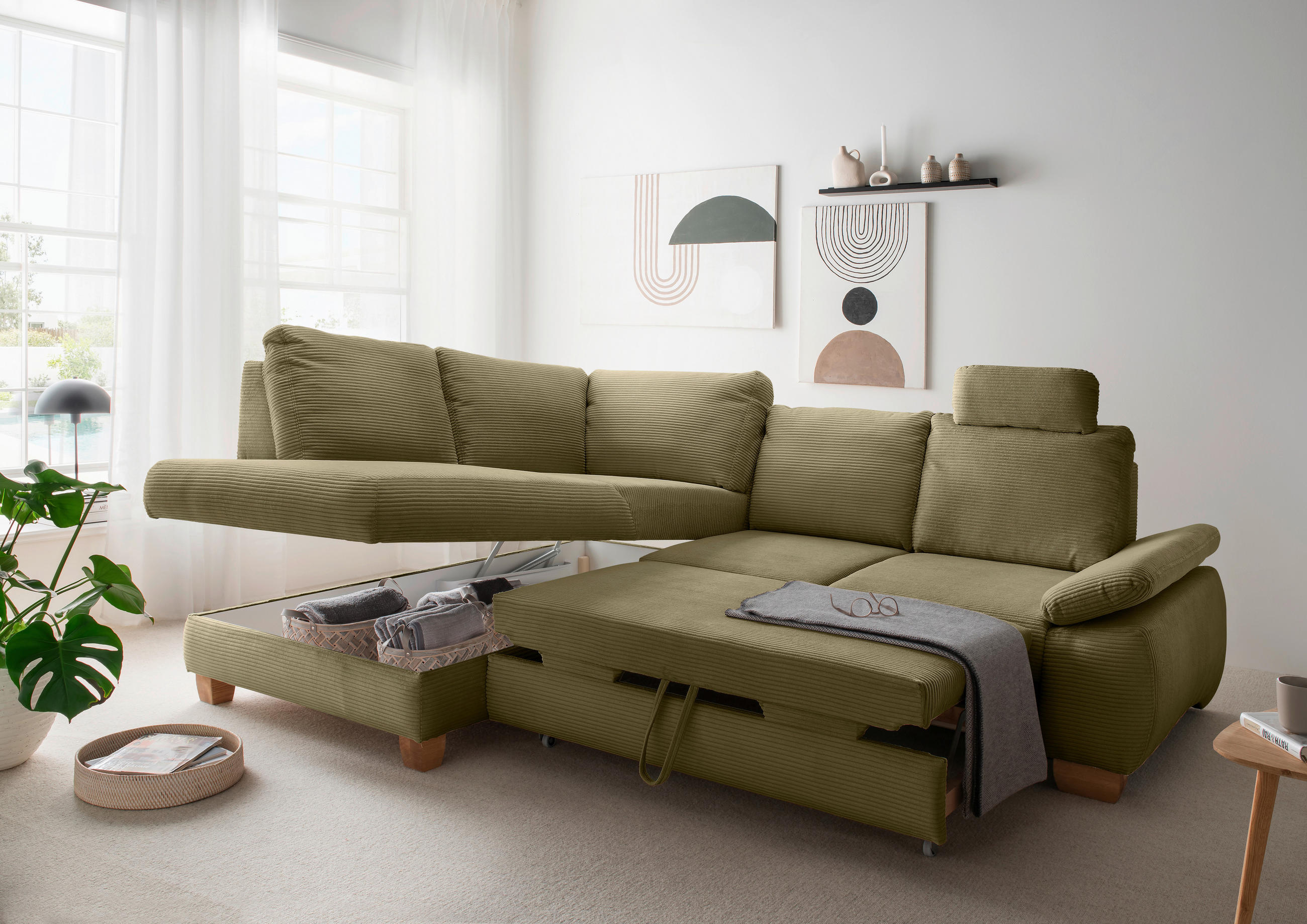 ECKSCHLAFSOFA in Cord Olivgrün  - Wildeiche/Olivgrün, Modern, Holz/Textil (206/261cm) - Livetastic