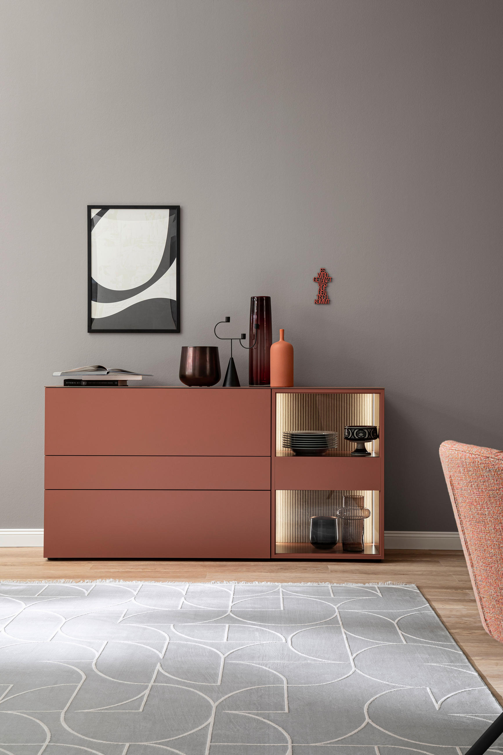 SIDEBOARD Rot, Eichefarben 180/92,4/45 cm - Eichefarben/Rot, Design, Glas/Holz (180/92,4/45cm) - Schöner Wohnen
