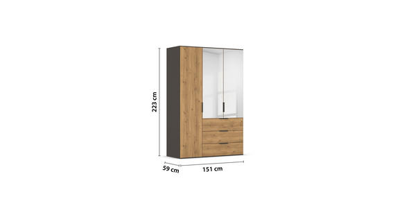 KLEIDERSCHRANK 3-türig Graphitfarben, Eichefarben  - Eichefarben/Graphitfarben, KONVENTIONELL, Glas/Holzwerkstoff (151/223/62cm) - Xora