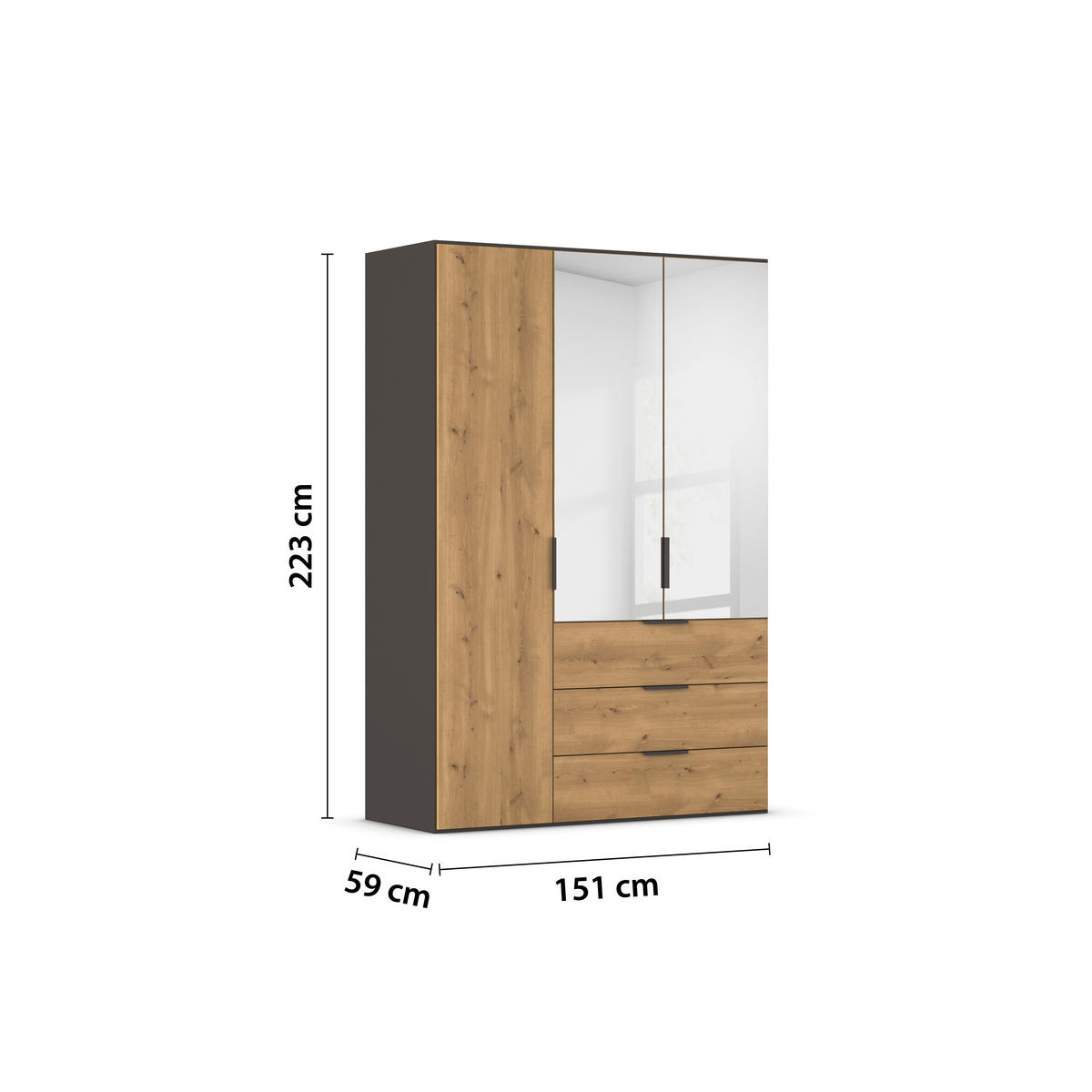 KLEIDERSCHRANK in Graphitfarben, Eichefarben  - Eichefarben/Graphitfarben, Konventionell, Glas/Holzwerkstoff (151/223/62cm) - Xora