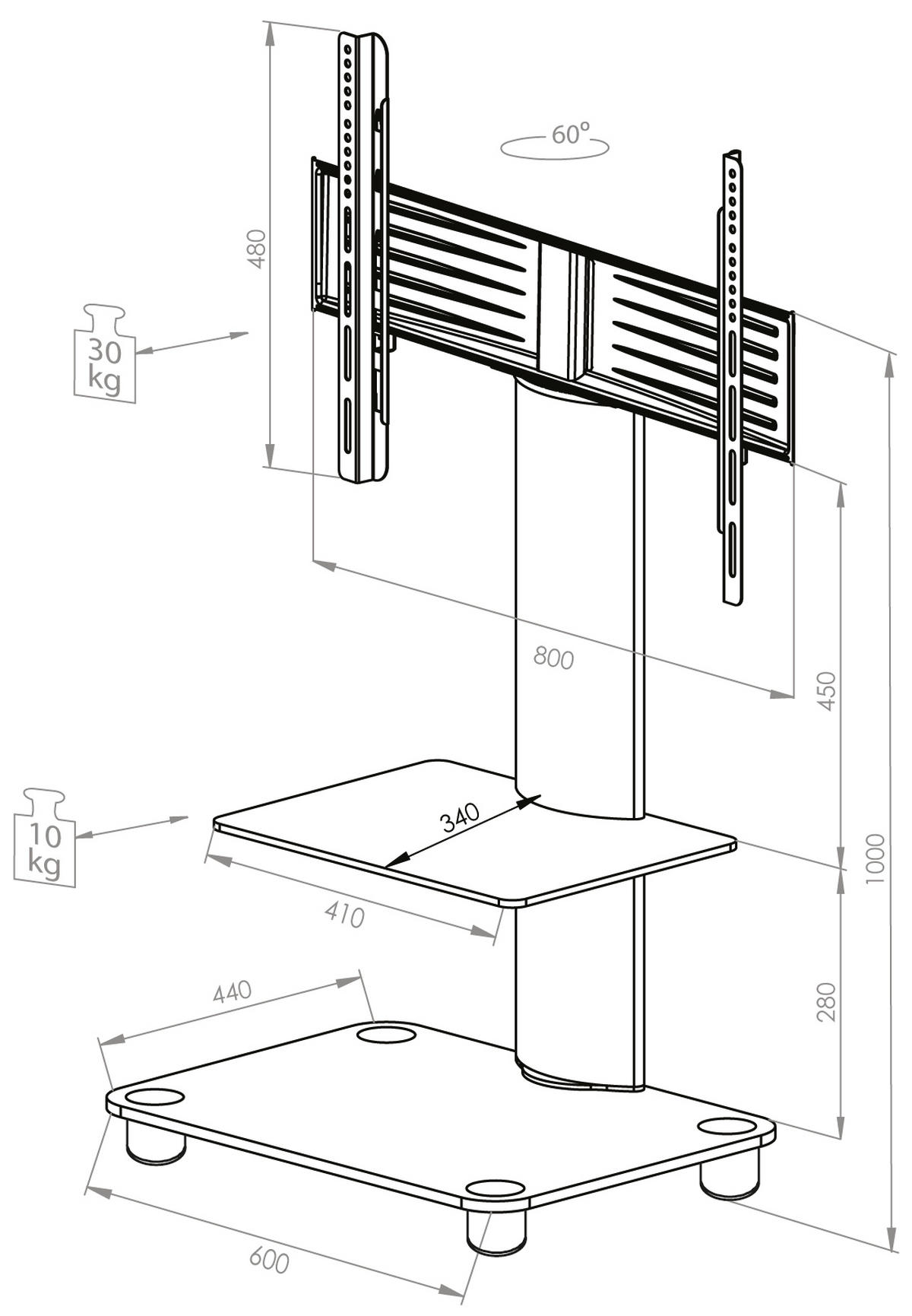 TV-Rack Schwarz/Silberfarbe - Silberfarben/Schwarz, Konventionell, Glas/Metall (60/100/44cm) - MID.YOU