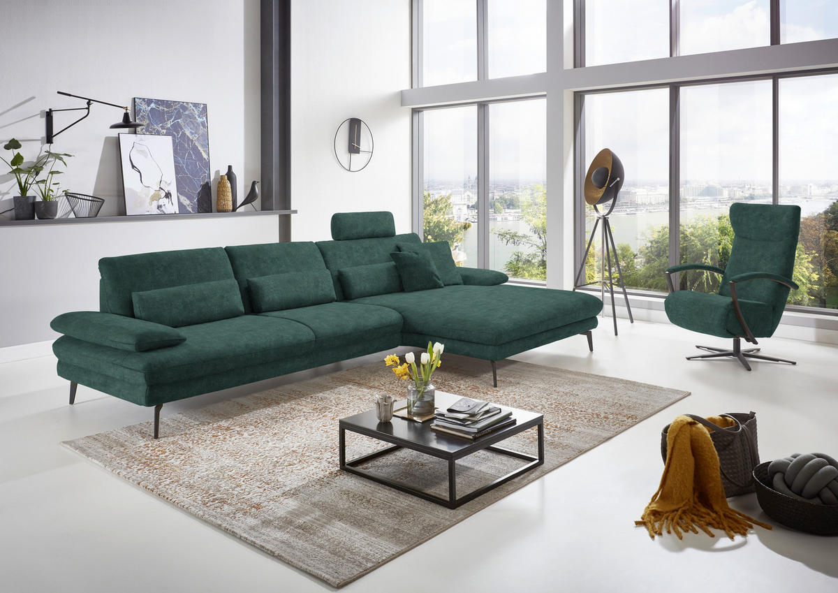 ECKSOFA in Velours Blau, Grün  310/180 cm  - Blau/Schwarz, Design, Textil/Metall (310/180cm) - Dieter Knoll