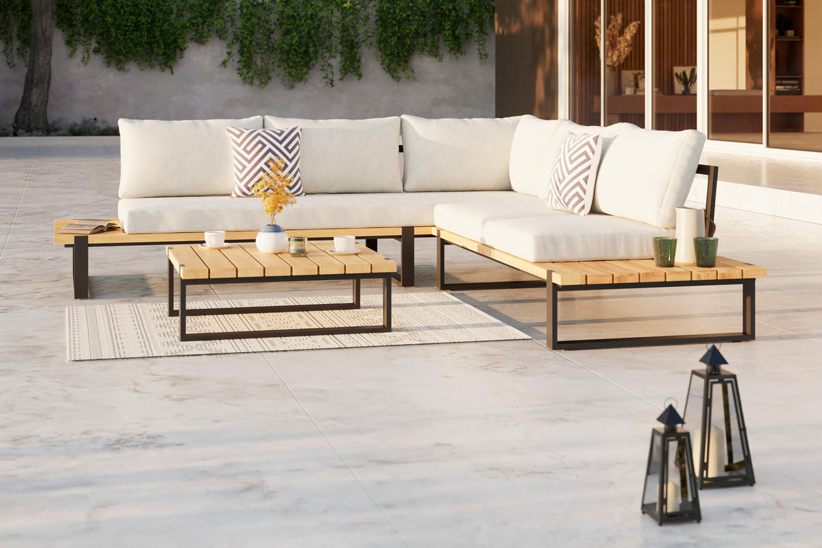 LOUNGE GARNITURA   drvo, metal, tekstil  crna, boje tikovine    - boje tikovine/crna, Moderno, drvo/metal (253/254cm) - Ambia Garden