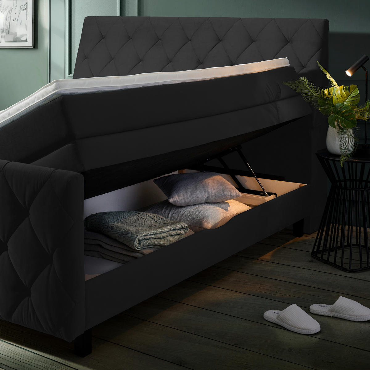 BOXSPRINGBETT 160/200 cm  in Schwarz  - Schwarz, KONVENTIONELL, Holz/Textil (160/200cm) - Ti'me