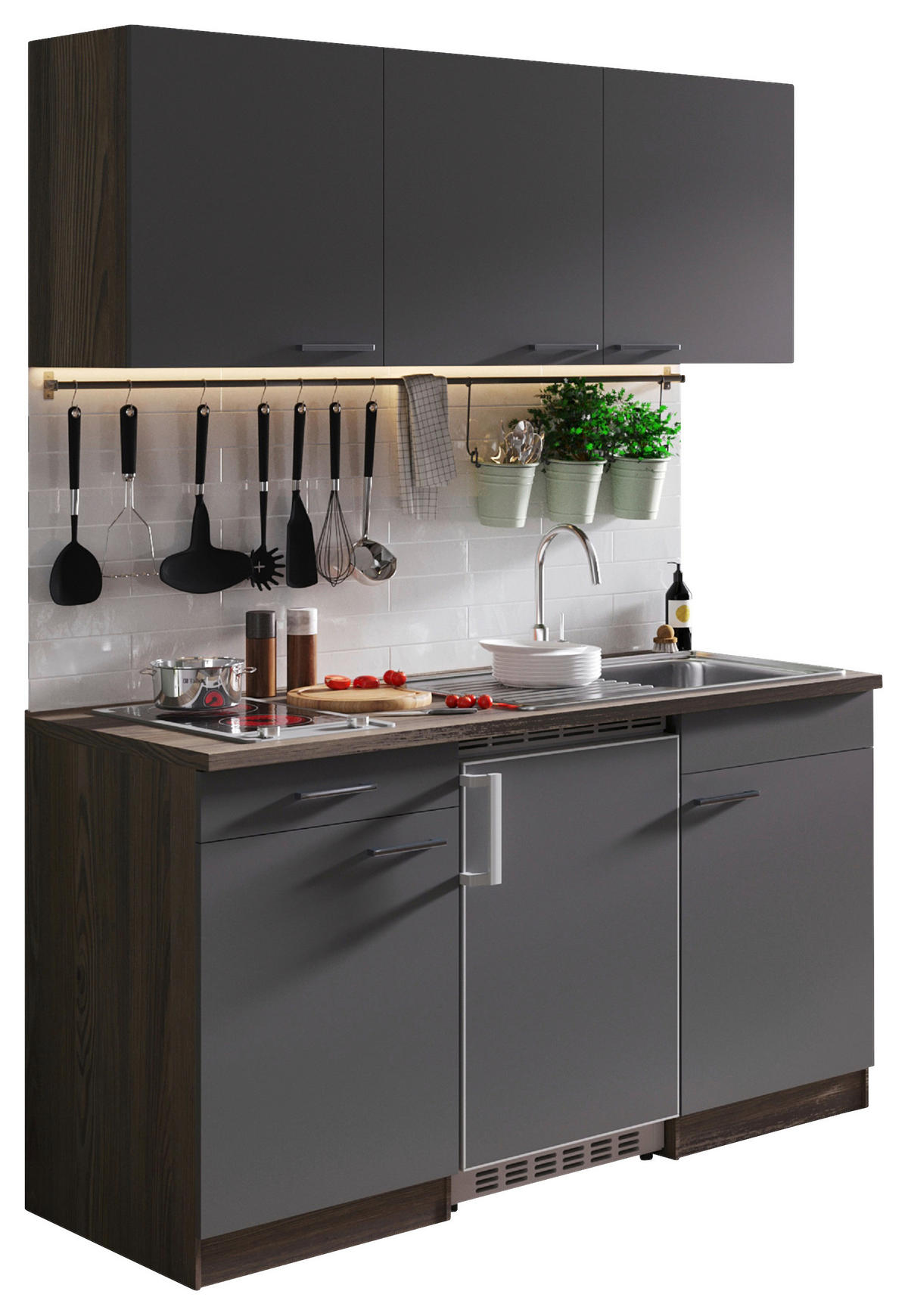 MINIKÜCHE 150 cm   in Grau  - Eichefarben/Alufarben, Basics, Holzwerkstoff/Kunststoff (150cm) - Respekta