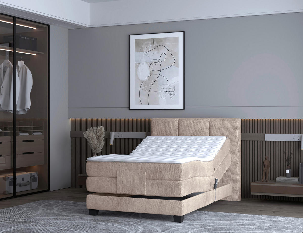 BOXSPRINGBETT 120/200 cm,  in Beige, Matratze, Topper, motorische Verstellbarkeit, Fernbedienung, H3 = fest  - Beige/Schwarz, KONVENTIONELL, Holz/Kunststoff (120/200cm) - Chameo