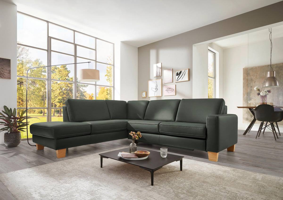 ECKSOFA Valdera in Echtleder Dunkelgrün  235/257 cm  - Eiche Bianco/Dunkelgrün, Natur, Leder/Holz (235/257cm) - Valdera