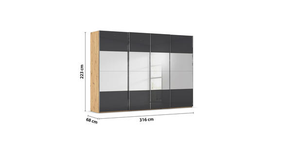 SCHWEBETÜRENSCHRANK  in Schwarz, Eiche Artisan  - Chromfarben/Schwarz, Design, Glas/Holzwerkstoff (316/223/68cm) - Novel