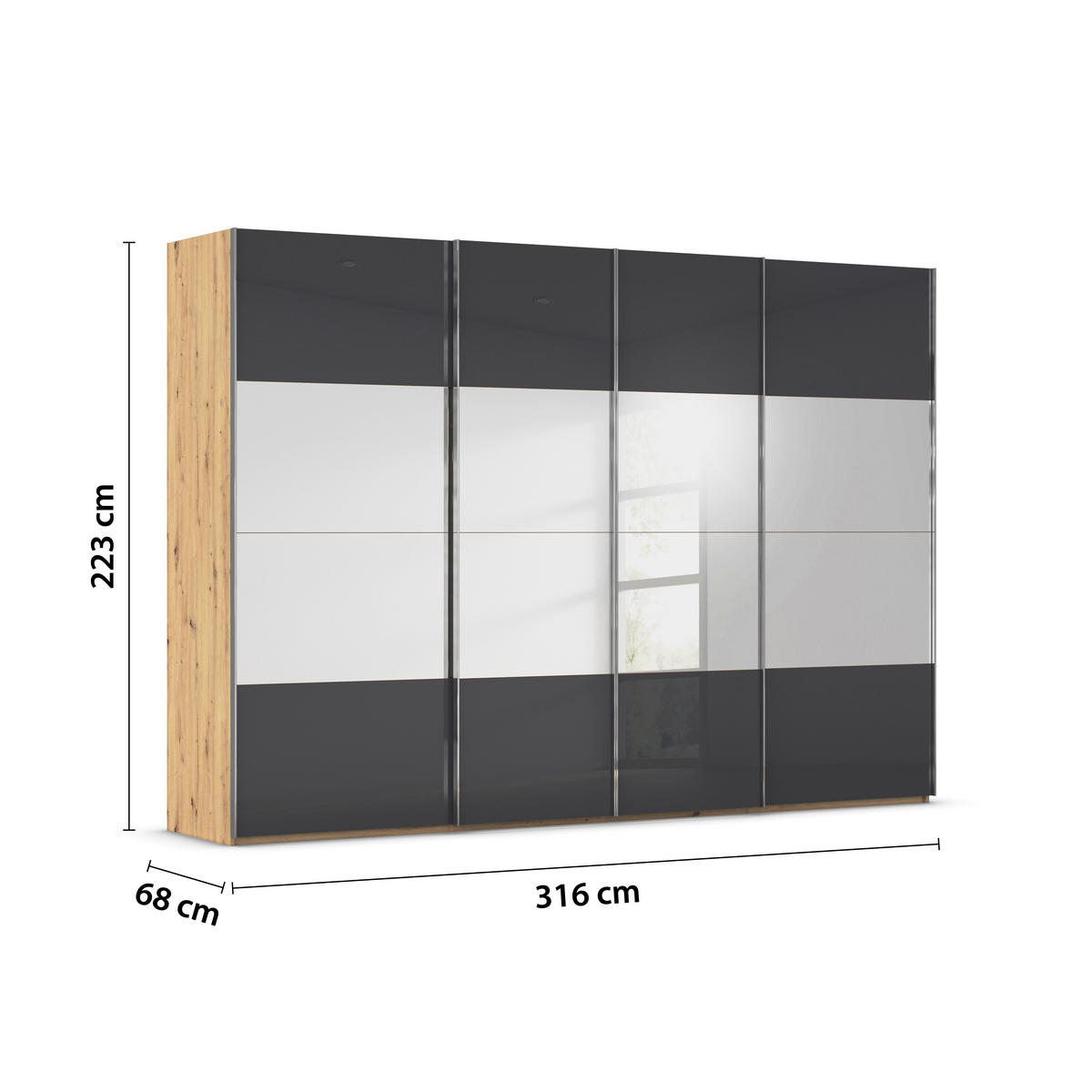 SCHWEBETÜRENSCHRANK 316/223/68 cm 4-türig Schwarz, Eiche Artisan  - Chromfarben/Schwarz, Design, Glas/Holzwerkstoff (316/223/68cm) - Novel
