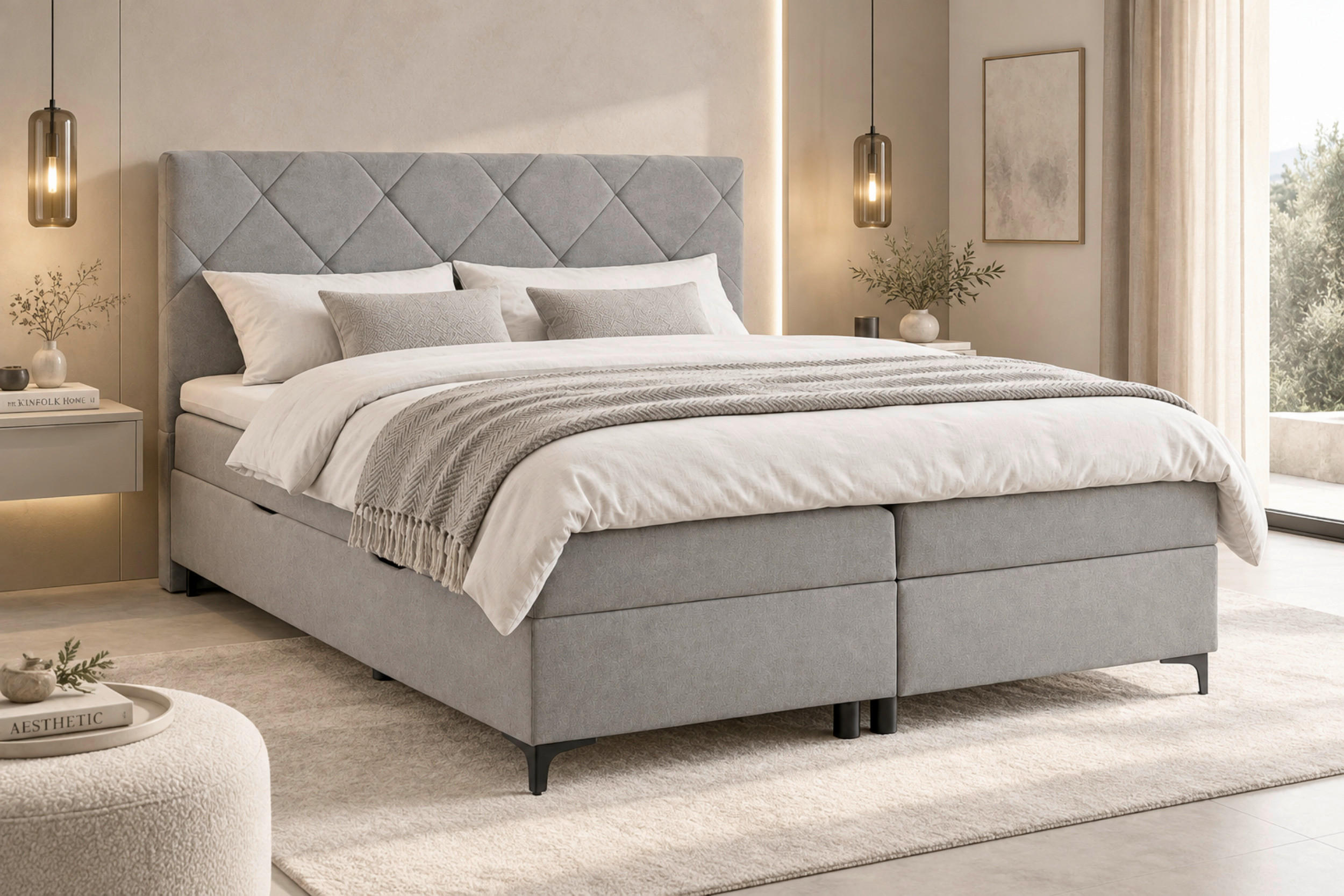 BOXBETT 180/200 cm,  in Grau, Bettkasten, Topper, H3 + H3 = fest  - Schwarz/Grau, MODERN, Holz/Textil (180/200cm) - MID.YOU