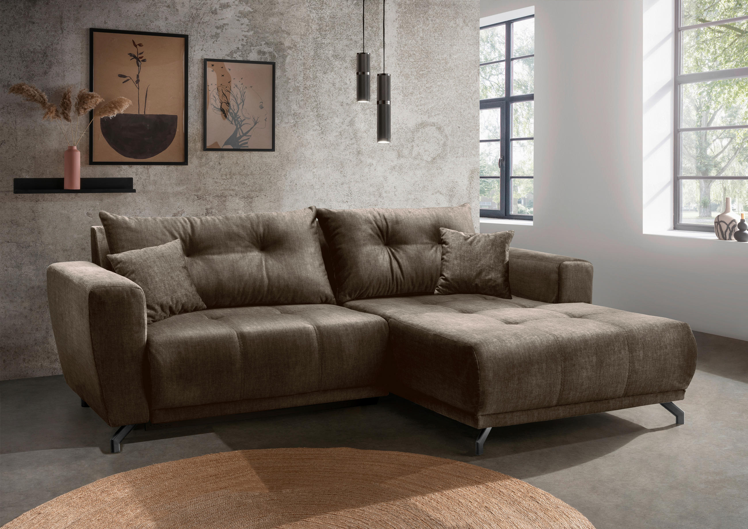 ECKSOFA in Velours Braun  - Schwarz/Braun, Modern, Textil/Metall (246/177cm) - MID.YOU