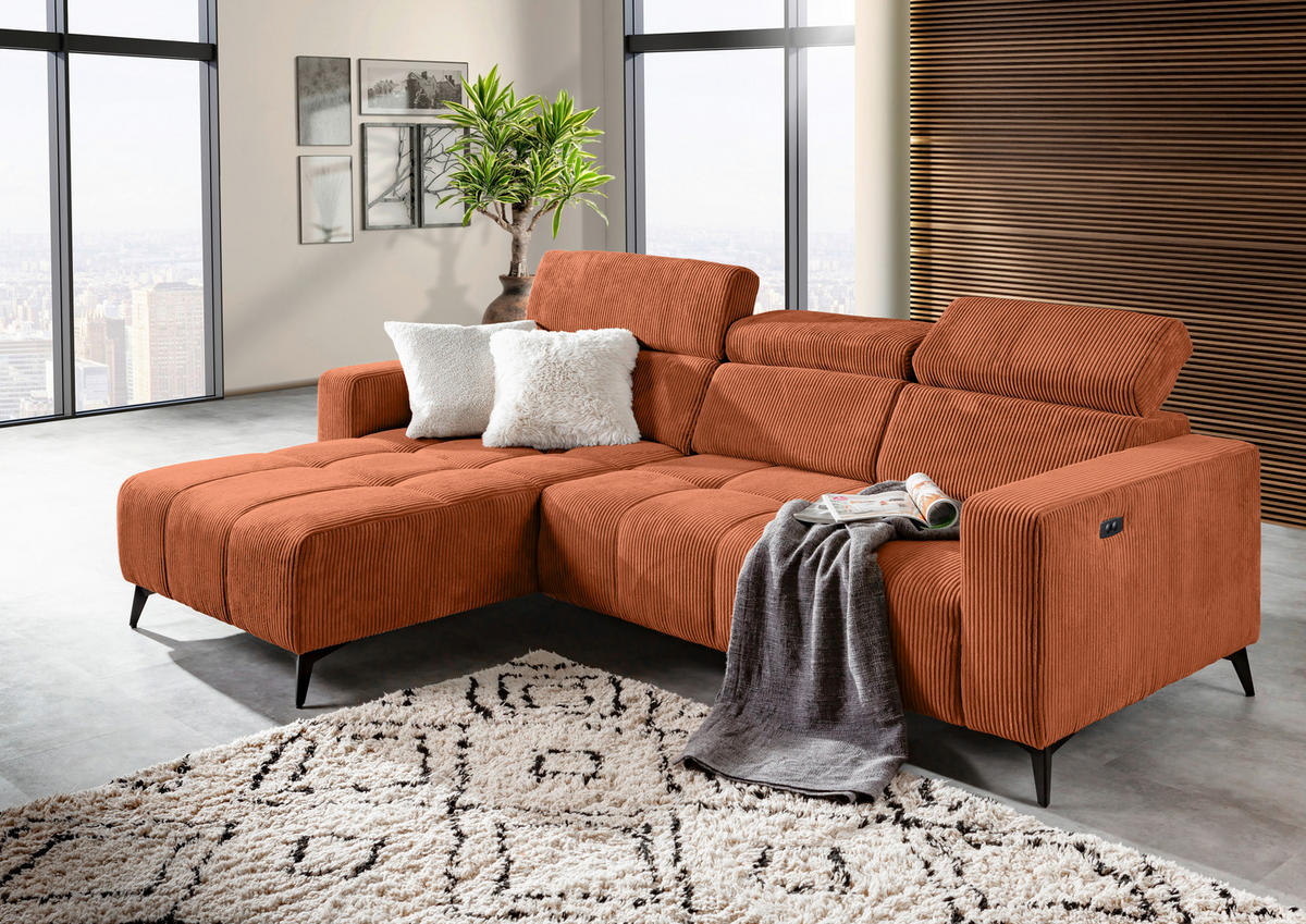 ECKSOFA Rostfarben Cord Rücken echt, Kopfteilverstellung, Sitzvorzug  - Rostfarben/Schwarz, KONVENTIONELL, Textil/Metall (170/257cm) - Carryhome
