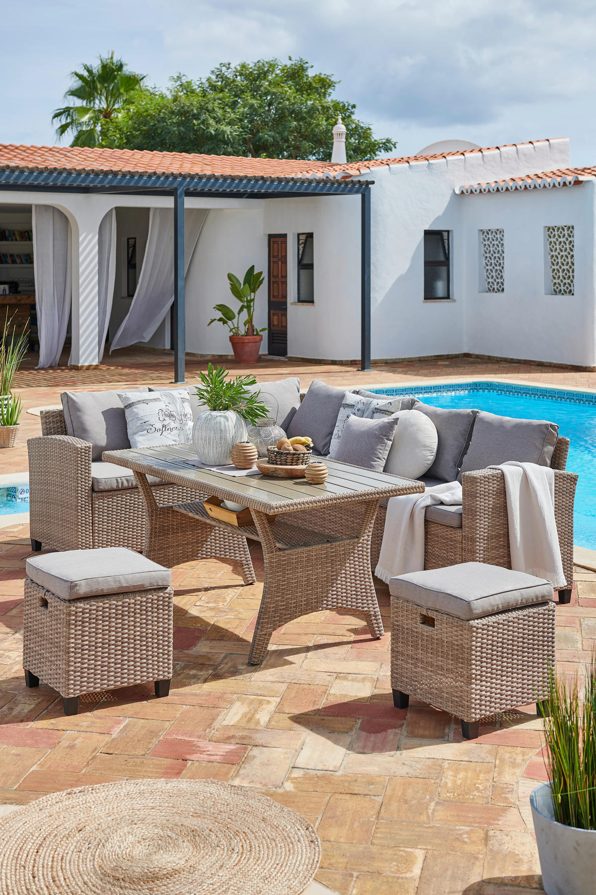 DINING-LOUNGESET  - Sandfarben/Hellbraun, ROMANTIK / LANDHAUS, Kunststoff/Textil (179/236cm) - Ambia Garden