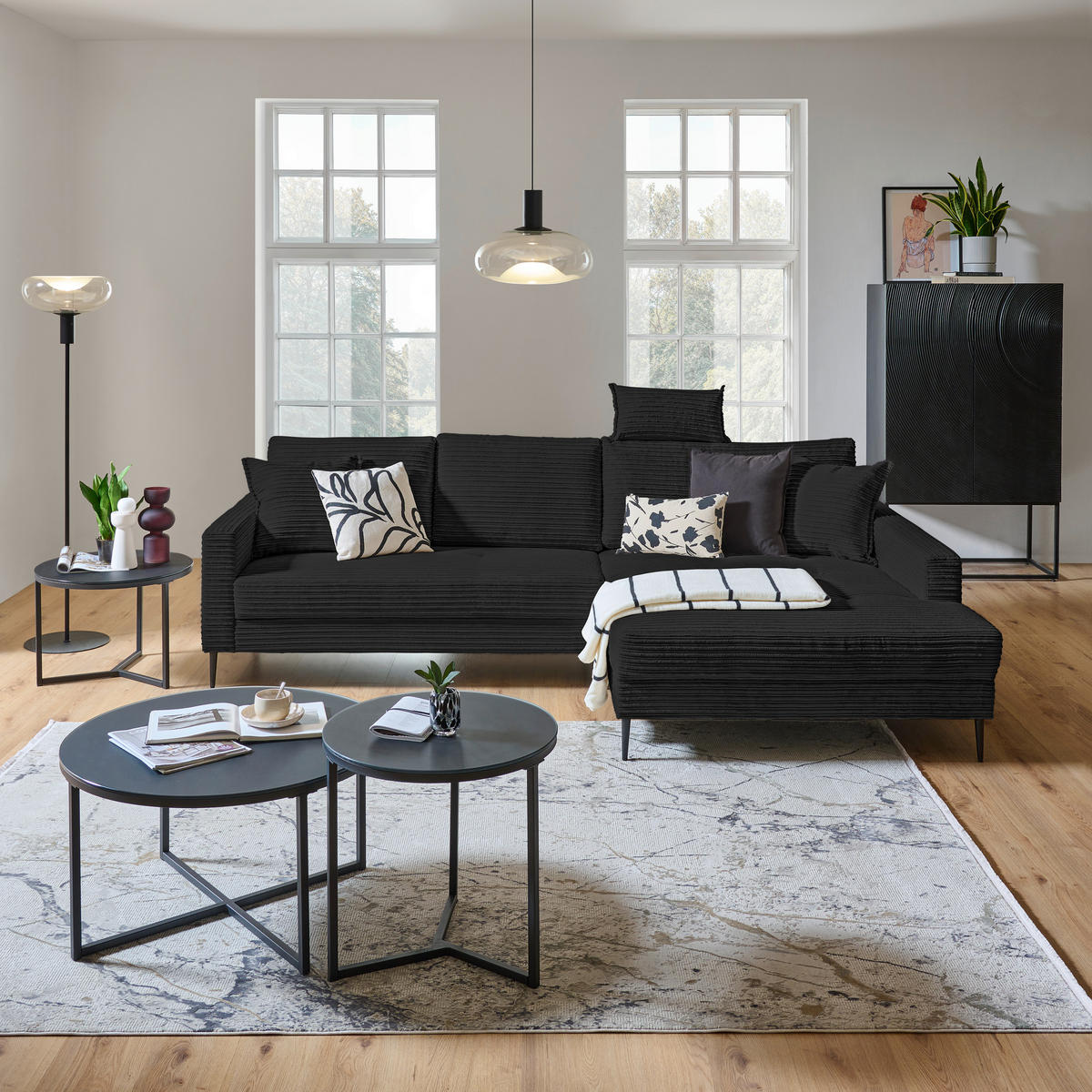 ECKSOFA in Cord Schwarz  276/173 cm  - Schwarz, KONVENTIONELL, Textil/Metall (276/173cm) - Carryhome