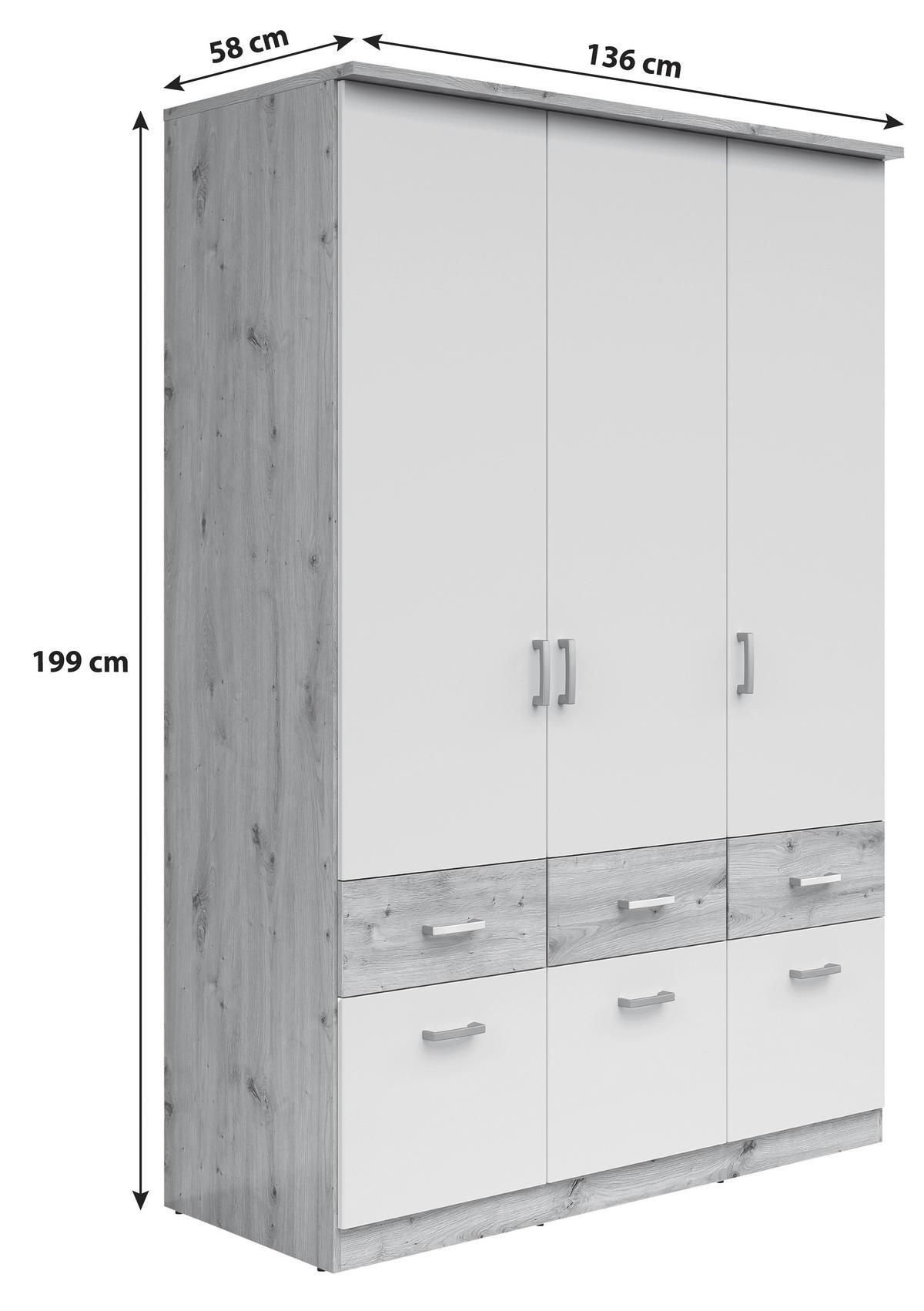 KLEIDERSCHRANK 136/199/58 cm 3-türig Weiß, Eiche Artisan  - Silberfarben/Weiß, KONVENTIONELL, Holzwerkstoff/Kunststoff (136/199/58cm)