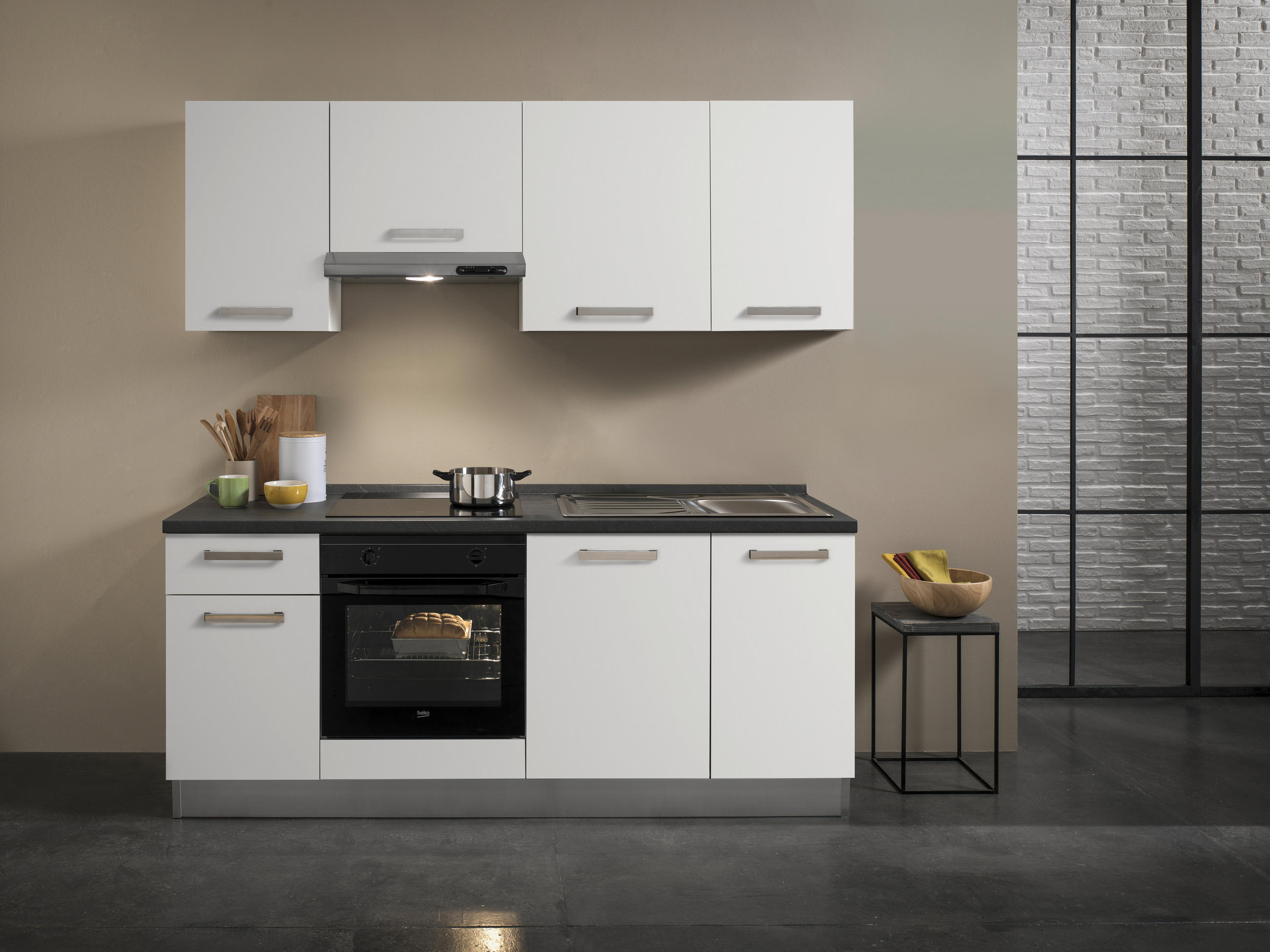 Küchenzeile Belluna Mit Geräten 210 Cm Weiß/grau Elegant