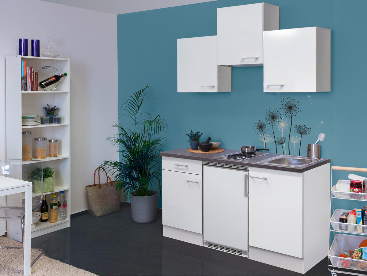 MINIKÜCHE 150 cm   in Weiß  - Graubraun/Alufarben, KONVENTIONELL, Holzwerkstoff/Kunststoff (150cm) - FlexWell